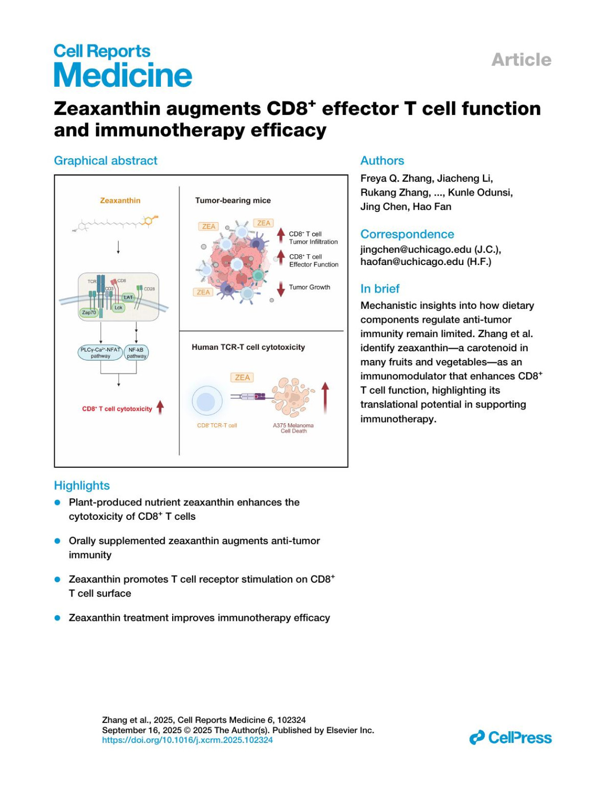 Zeaxanthin Augments Cd8 Effector T Cell Functionand Immunotherapy Efficacy Freya Q Zhang Jiacheng Li Rukang Zhang Jiayi Tu Zhicheng Xie Takemasa Tsuji Hardik Shah Matthew O Ross Ruitu Lyu Junko Matsuzaki Anna Tabor Kelly Xue Fatima Choudhry Chunzhao Yin Hamed R Youshanlouei Syed Shah Michael