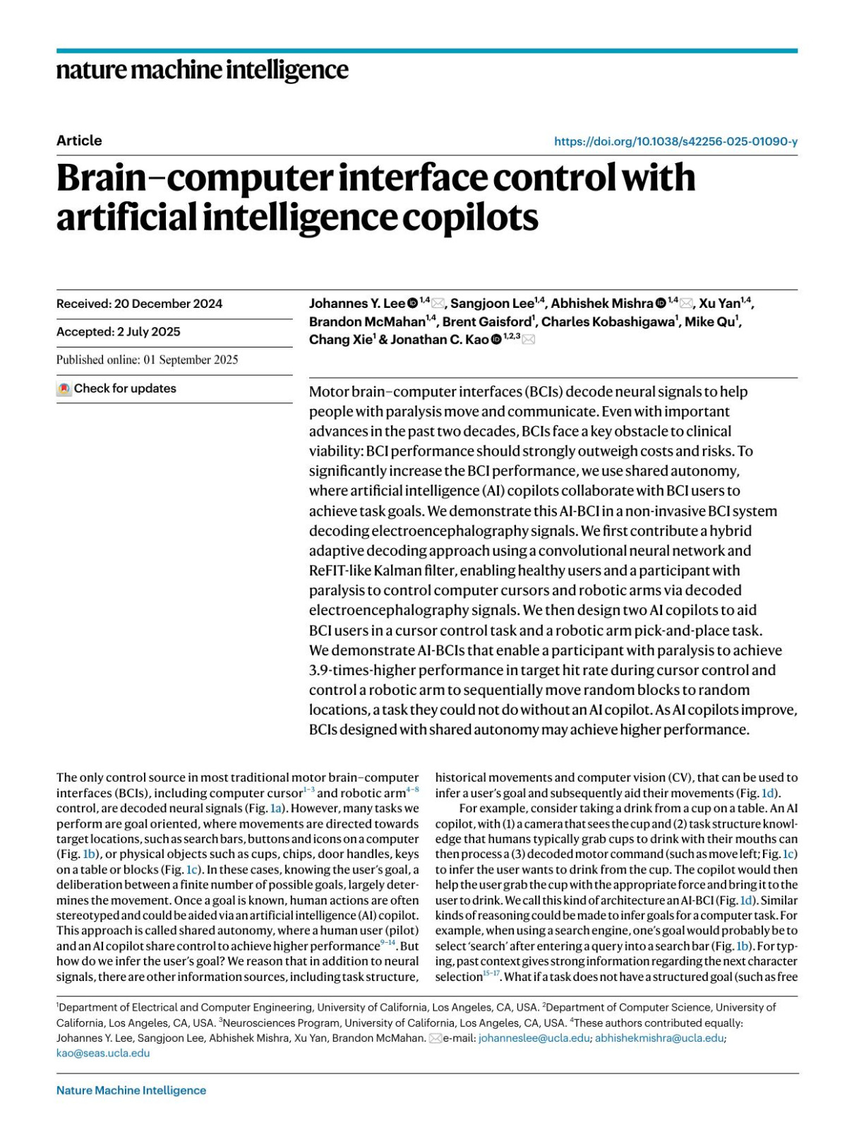 Braincomputer Interface Control With Artificial Intelligence Copilots Johannes Y Lee Sangjoon Lee Abhishek Mishra Xu Yan Brandon Mcmahan Brent Gaisford Charles Kobashigawa Mike Qu Chang Xie Jonathan C Kao