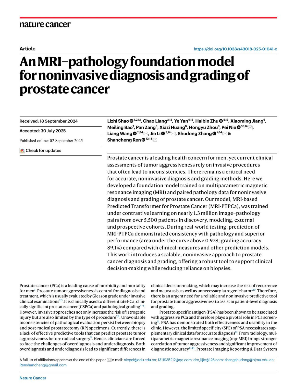 An Mripathology Foundation Model For Noninvasive Diagnosis And Grading Of Prostate Cancer Lizhi Shao Chao Liang Ye Yan Haibin Zhu Xiaoming Jiang Meiling Bao Pan Zang Xiazi Huang Hongyu Zhou Pei Nie Liang Wang Jie Li Shudong Zhang Shancheng Ren