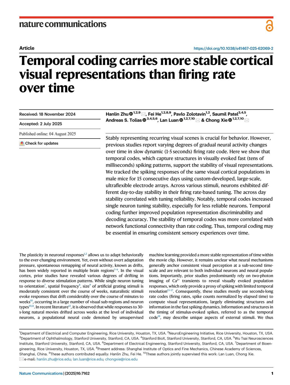 Temporal Coding Carries More Stable Cortical Visual Representations Than Firing Rate Over Time Hanlin Zhu Fei He Pavlo Zolotavin Saumil Patel Andreas S Tolias Lan Luan Chong Xie