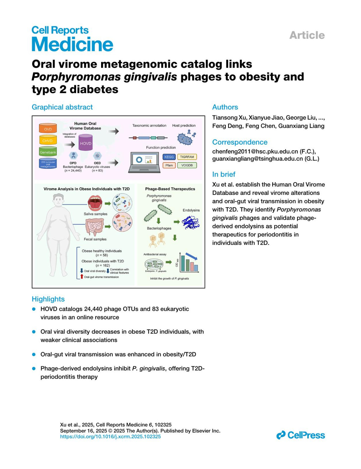 Oral Virome Metagenomic Catalog Linksporphyromonas Gingivalis Phages To Obesity Andtype 2 Diabetes Tiansong Xu Xianyue Jiao George Liu Xi Chen Qingqing Luo Gaopu Zhang Bowen Li Yu Zhang Xue Li Yoo Cheung Xiaofen Chai Yueqing Huang Huihui Wu Feng Deng Feng Chen Guanxiang Liang