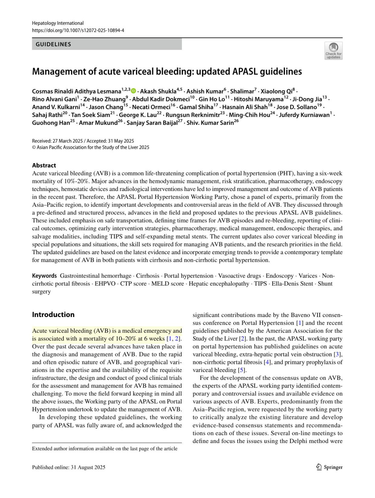 Apasl Guidelines For Acute Variceal Bleeding Asian Pacific Association For The Study Of The Liver 2025pdf Cosmas Rinaldi Adithya Lesmana Akash Shukla Ashish Kumar Ashish Shalimar Xiaolong Qi Rino Alvani Gani Zehao Zhuang Abdul Kadir Dokmeci Gin Ho Lo Hitoshi Maruyama Jidong Jia Anand V Kulkarni Jason Chang Necati Ormeci Gamal