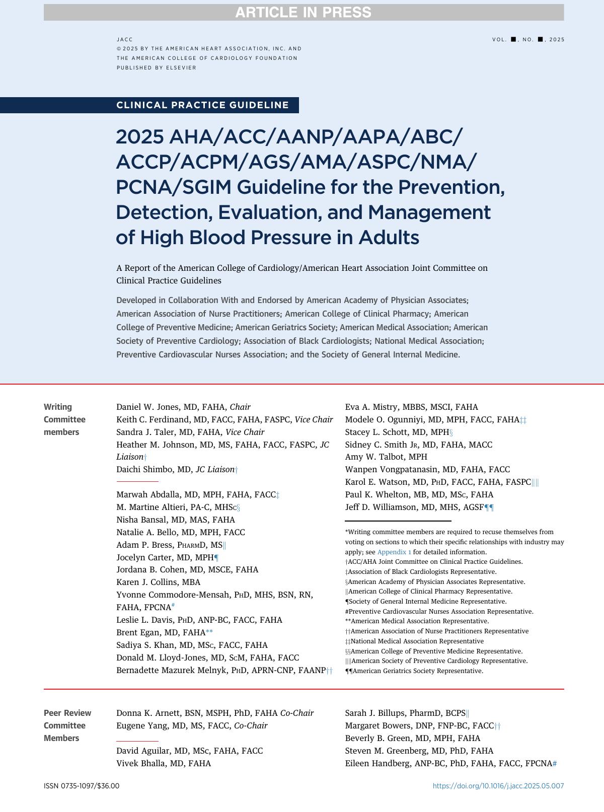 2025 Ahaaccaanpaapaabcaccpacpmagsamaaspcnmapcnasgim Guideline For The Prevention Detection Evaluation And Management Of High Blood Pressure In Adults Daniel W Jones Md Faha Keith C Ferdinand Md Facc Faha Faspc Sandra J Taler Md Faha Heather M Johnson Md Ms Faha Facc Faspc Daichi Shimbo Md Marwah Abdalla Md Mph Faha Facc M Martine Altieri Pac Mhsc Nisha Bansal Md Mas Faha