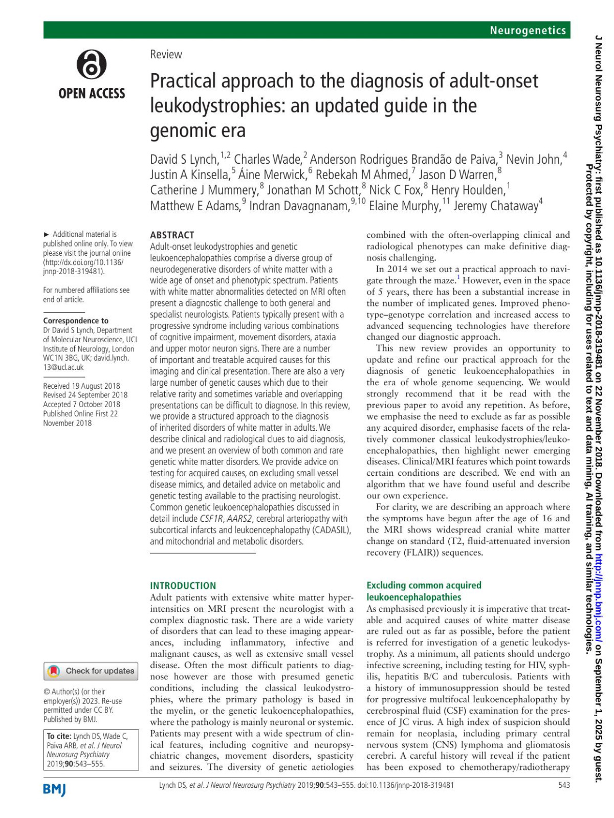Practical Approach To The Diagnosis Of Adultonset Leukodystrophies An Updated Guide In The Genomic Era J Neurol Neurosurg Psychiatry 201990 543555pdf David S Lynch
