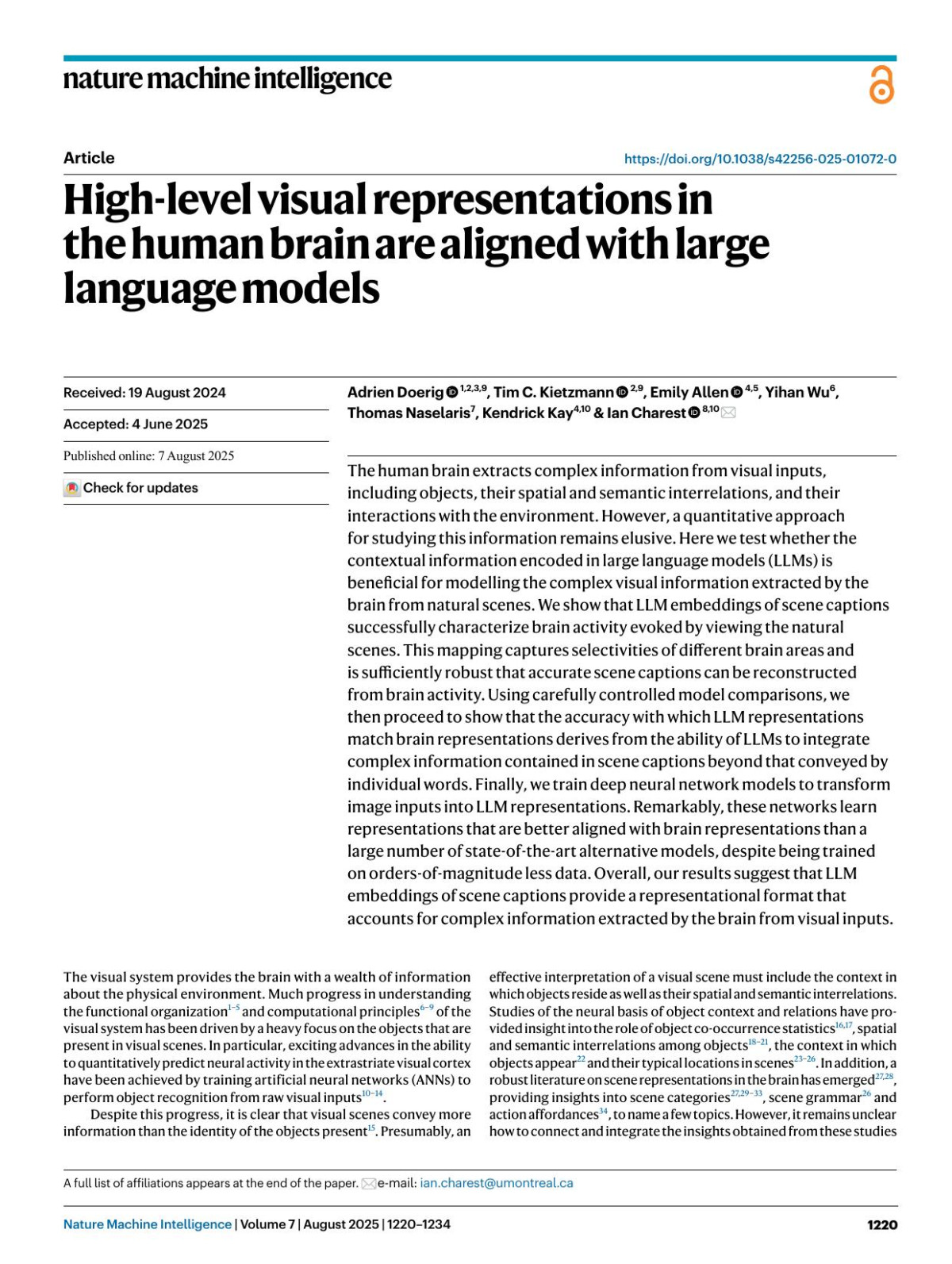 Highlevel Visual Representations In The Human Brain Are Aligned With Large Language Models Adrien Doerig Tim C Kietzmann Emily Allen Yihan Wu Thomas Naselaris Kendrick Kay Ian Charest