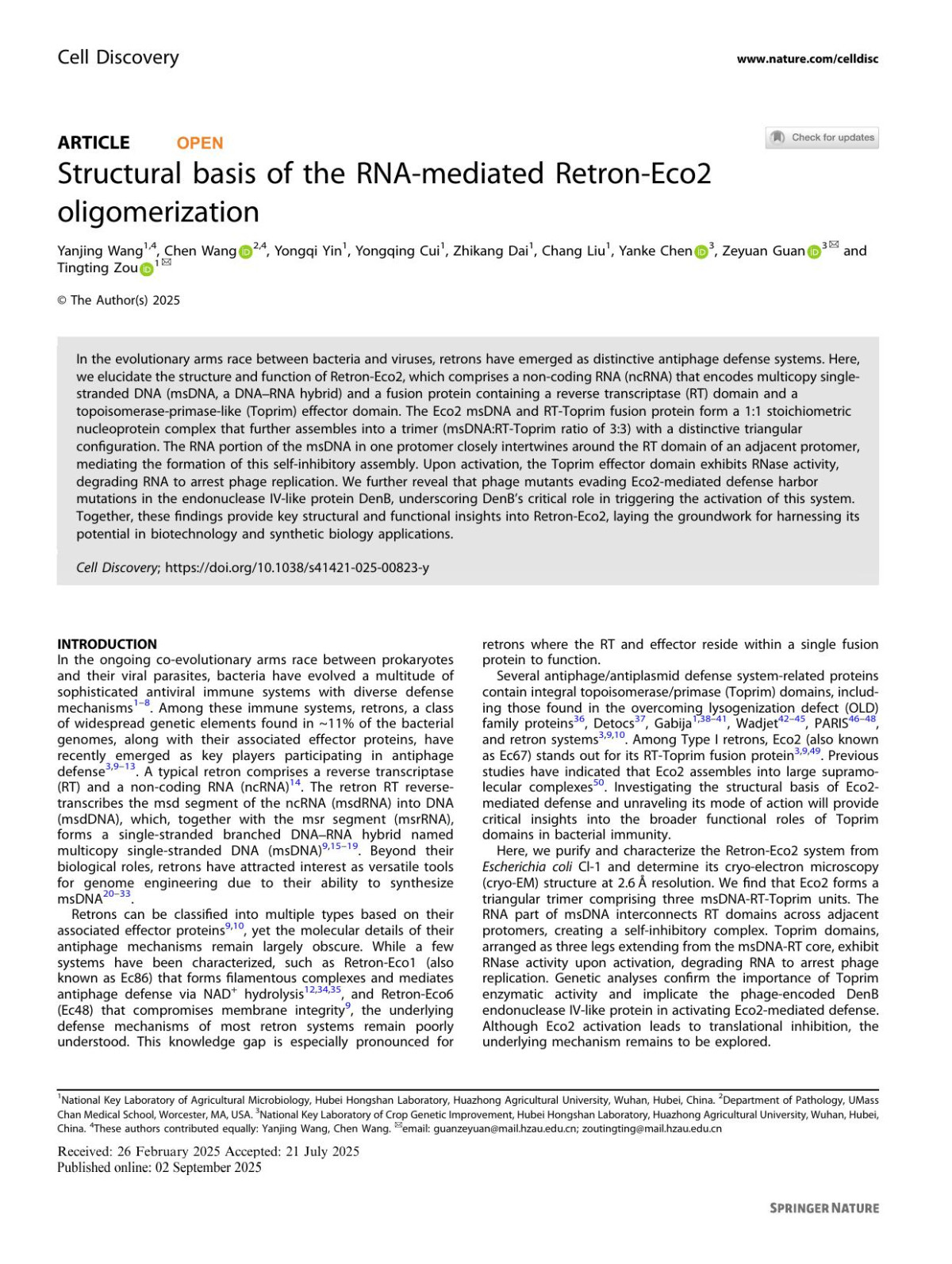 Structural Basis Of The Rnamediated Retroneco2 Oligomerization Yanjing Wang Chen Wang Yongqi Yin Yongqing Cui Zhikang Dai Chang Liu Yanke Chen Zeyuan Guan Tingting Zou