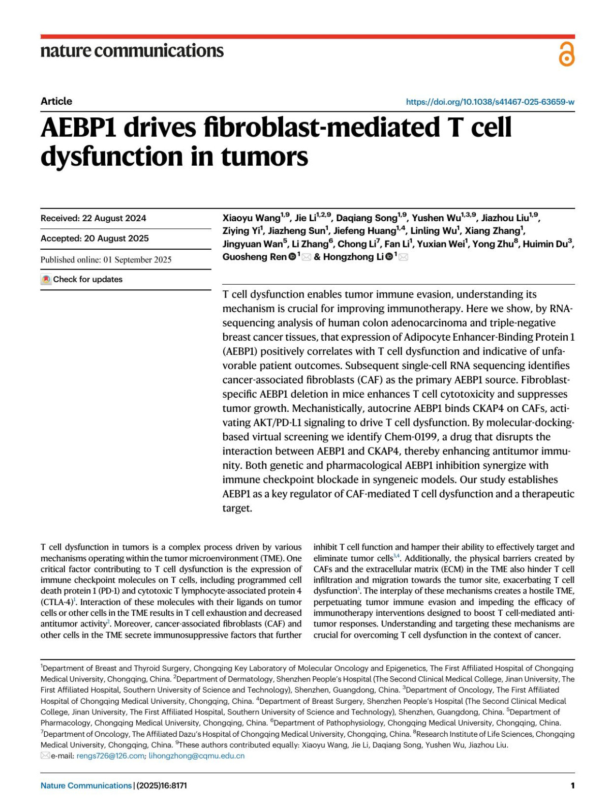Aebp1 Drives Fibroblastmediated T Cell Dysfunction In Tumors Xiaoyu Wang Jie Li Daqiang Song Yushen Wu Jiazhou Liu Ziying Yi Jiazheng Sun Jiefeng Huang Linling Wu Xiang Zhang Jingyuan Wan Li Zhang Chong Li Fan Li Yuxian Wei Yong Zhu Huimin Du Guosheng Ren Hongzhong Li
