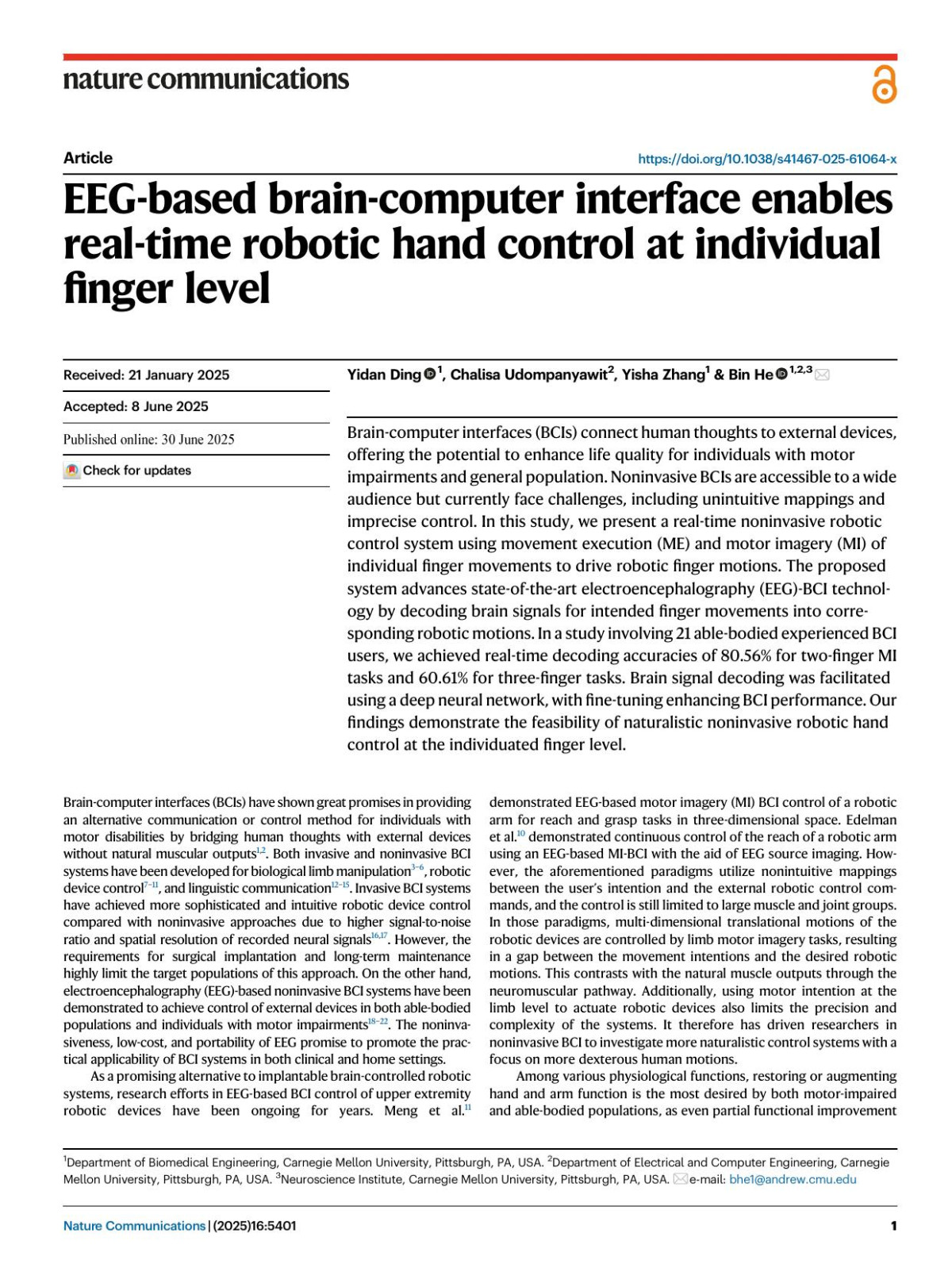 Eegbased Braincomputer Interface Enables Realtime Robotic Hand Control At Individual Finger Level Yidan Ding Chalisa Udompanyawit Yisha Zhang Bin He
