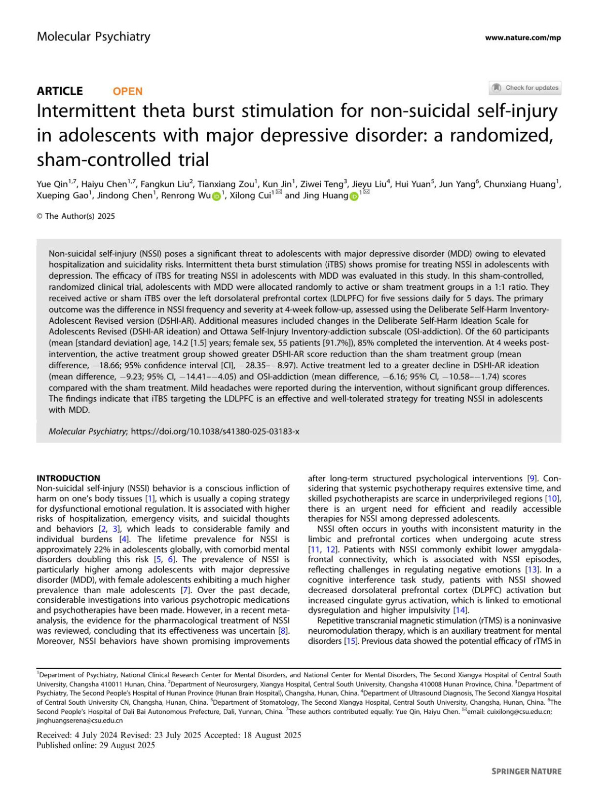 Intermittent Theta Burst Stimulation For Nonsuicidal Selfinjury In Adolescents With Major Depressive Disorder A Randomized Shamcontrolled Trial Yue Qin Haiyu Chen Fangkun Liu Tianxiang Zou Kun Jin Ziwei Teng Jieyu Liu Hui Yuan Jun Yang Chunxiang Huang Xueping Gao Jindong Chen Renrong Wu Xilong Cui Jing Huang