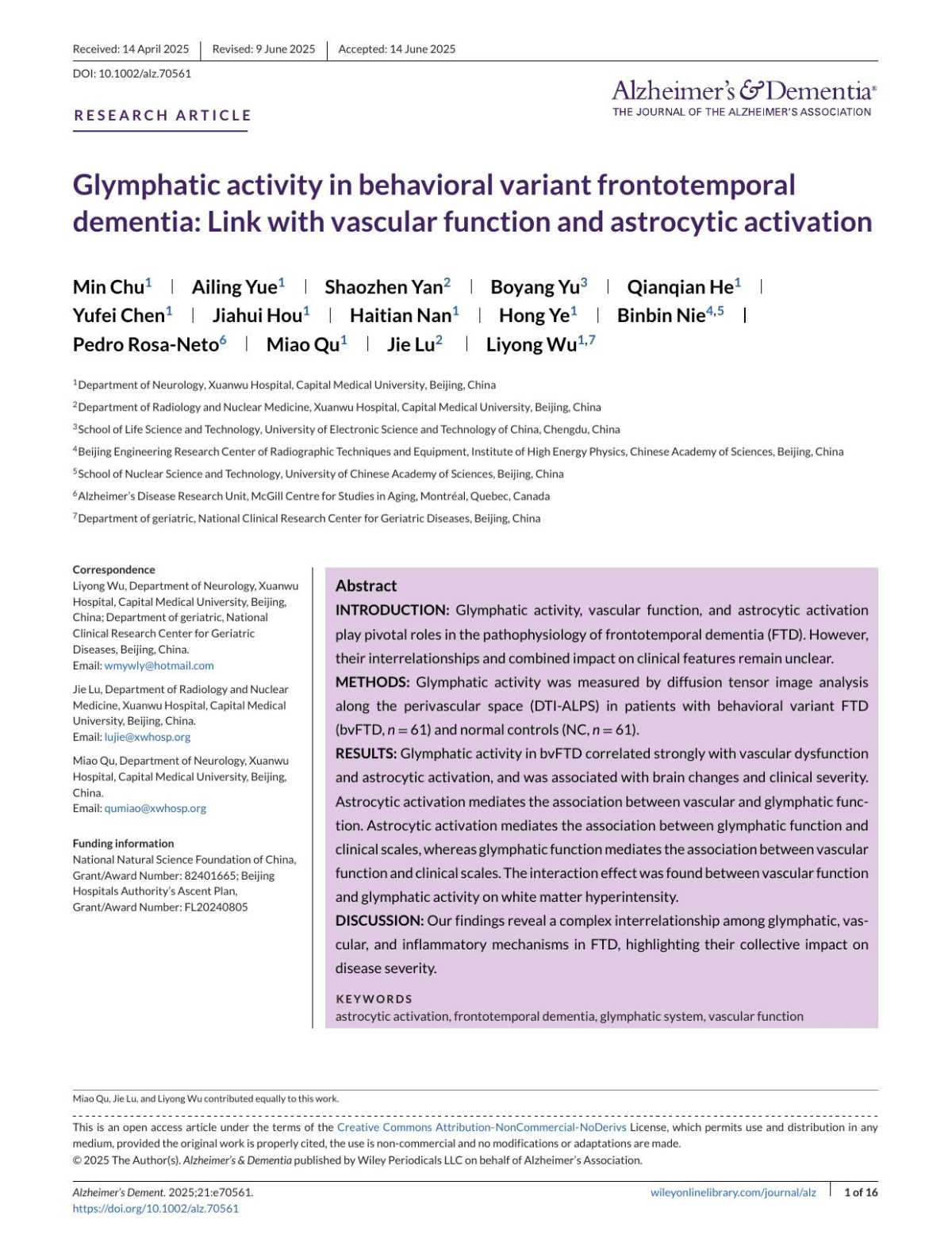 Glymphatic Activity In Behavioral Variant Frontotemporal Dementia Link With Vascular Function And Astrocytic Activation Min Chu
