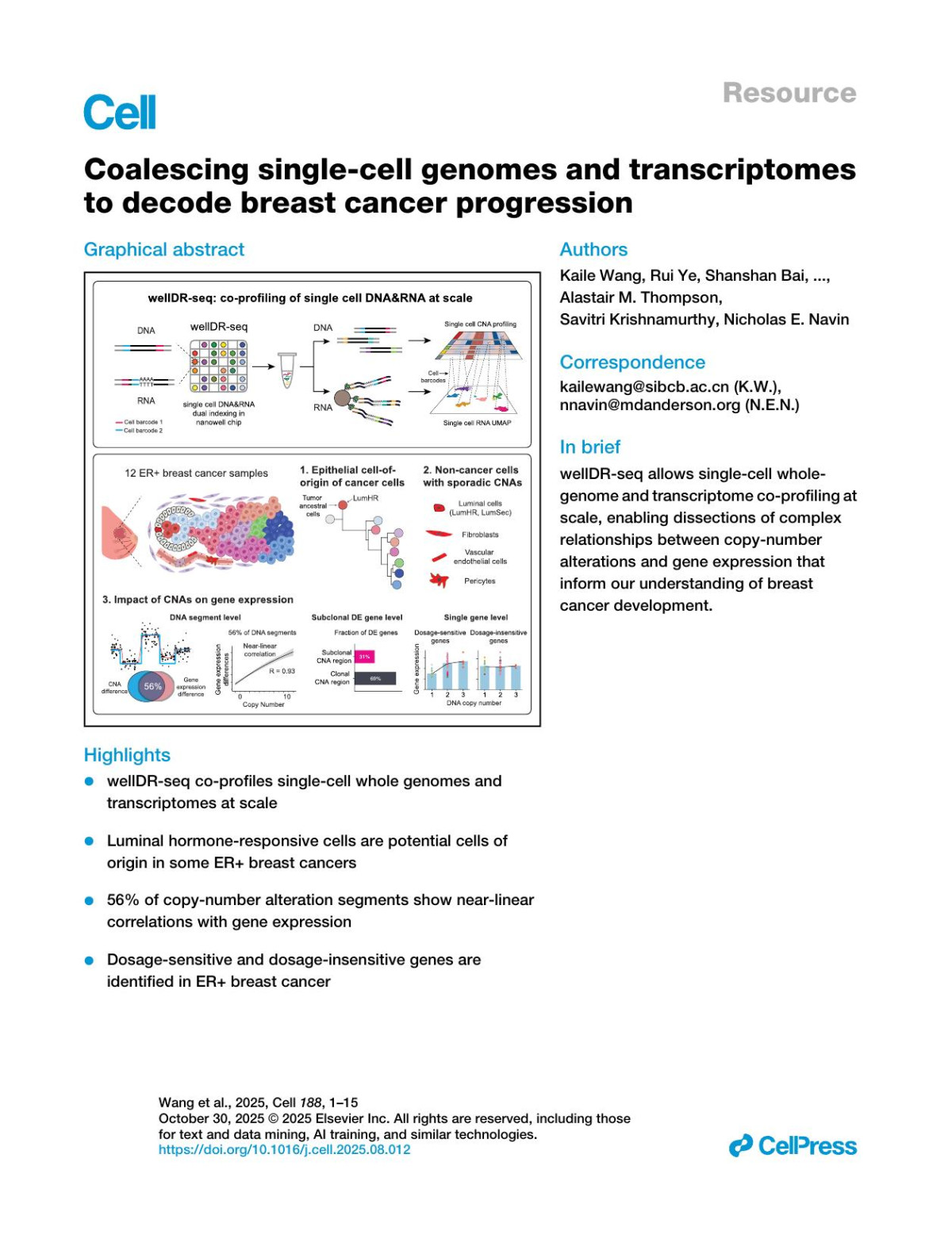 Coalescing Singlecell Genomes And Transcriptomesto Decode Breast Cancer Progression Kaile Wang Rui Ye Shanshan Bai Zhenna Xiao Lei Yang Jianzhuo Li Chenling Tang Emi Sei Jinyu Peng Anna K Casasent Steven H Lin Chandandeep Nagi Alastair M Thompson Savitri Krishnamurthy Nicholas E Navin