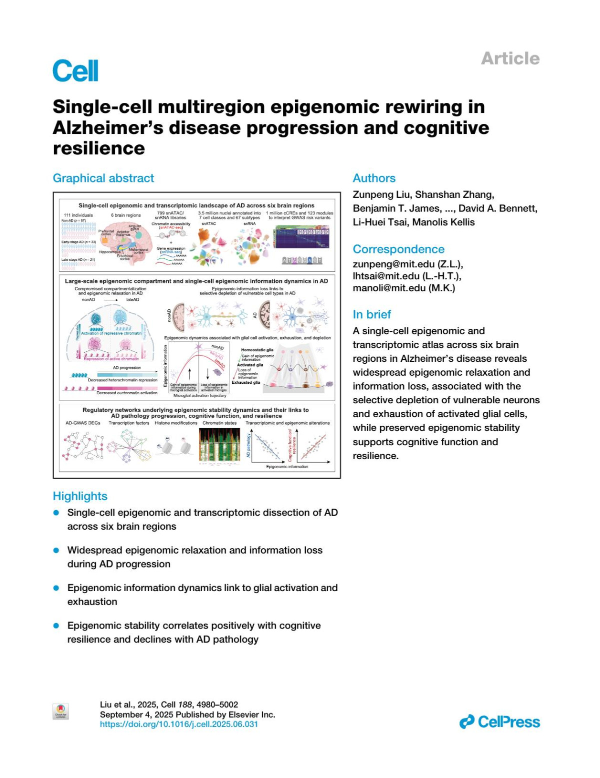Singlecell Multiregion Epigenomic Rewiring In Alzheimers Disease Progression And Cognitive Resilience Zunpeng Liu Shanshan Zhang Benjamin T James Kyriaki Galani Riley J Mangan Stuart Benjamin Fass Chuqian Liang Manoj M Wagle Carles A Boix Yosuke Tanigawa Sukwon Yun Yena Sung Xushen Xiong Na Sun Lei Hou Martin Wohlwend