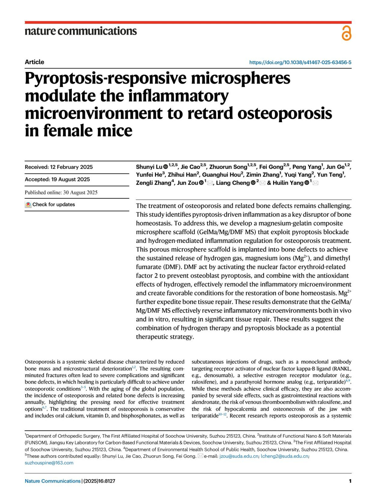 Pyroptosisresponsive Microspheres Modulate The Inflammatory Microenvironment To Retard Osteoporosis In Female Mice Shunyi Lu Jie Cao Zhuorun Song Fei Gong Peng Yang Jun Ge Yunfei He Zhihui Han Guanghui Hou Zimin Zhang Yuqi Yang Yun Teng Zengli Zhang Jun Zou Liang Cheng Huilin Yang
