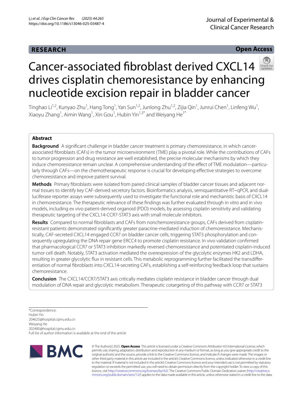 Cancerassociated Fibroblast Derived Cxcl14 Drives Cisplatin Chemoresistance By Enhancing Nucleotide Excision Repair In Bladder Cancer Tinghao Li Kunyao Zhu Hang Tong Yan Sun Junlong Zhu Zijia Qin Junrui Chen Linfeng Wu Xiaoyu Zhang Aimin Wang Xin Gou Hubin Yin Weiyang He