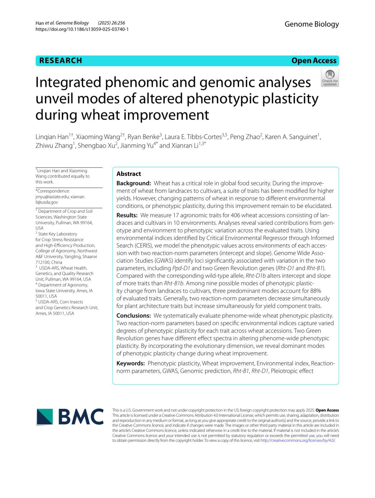 Integrated Phenomic And Genomic Analyses Unveil Modes Of Altered Phenotypic Plasticity During Wheat Improvement Linqian Han Xiaoming Wang Ryan Benke Laura E Tibbscortes Peng Zhao Karen A Sanguinet Zhiwu Zhang Shengbao Xu Jianming Yu Xianran Li