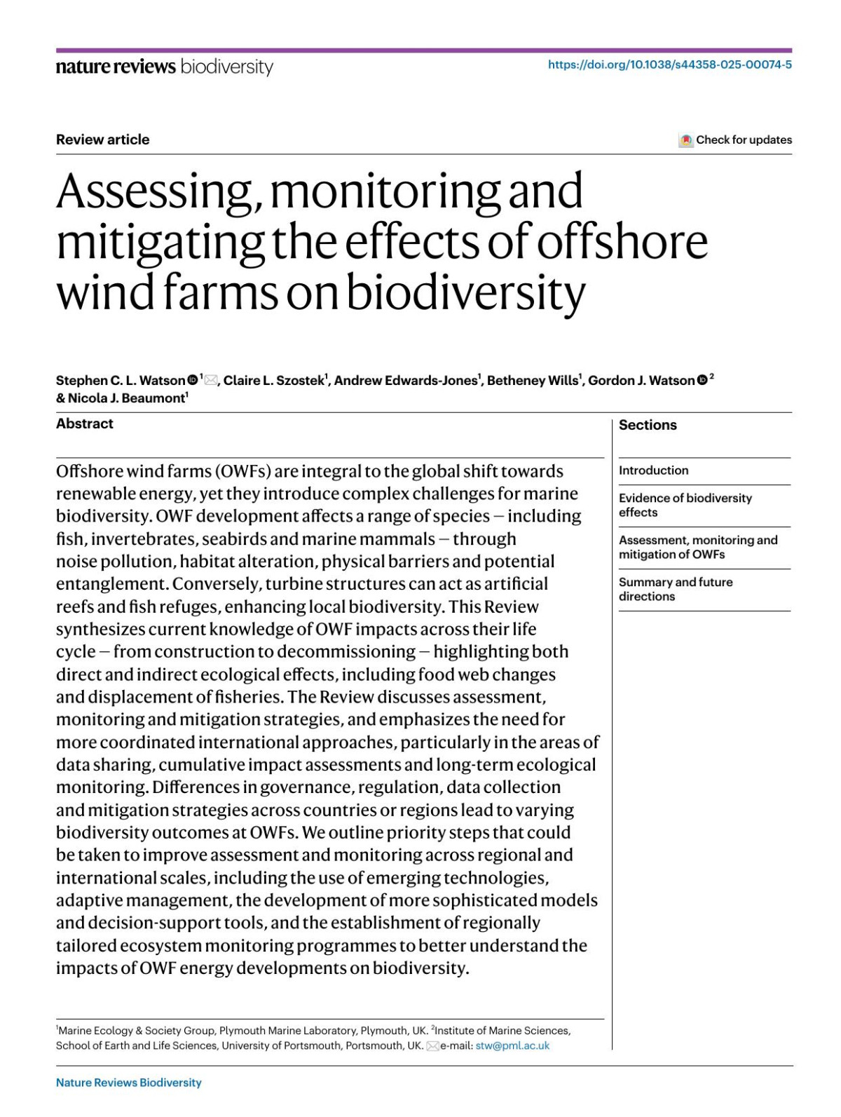 Assessing Monitoring And Mitigating The Effects Of Offshore Wind Farms On Biodiversity Stephen C L Watson Claire L Szostek Andrew Edwardsjones Betheney Wills Gordon J Watson Nicola J Beaumont