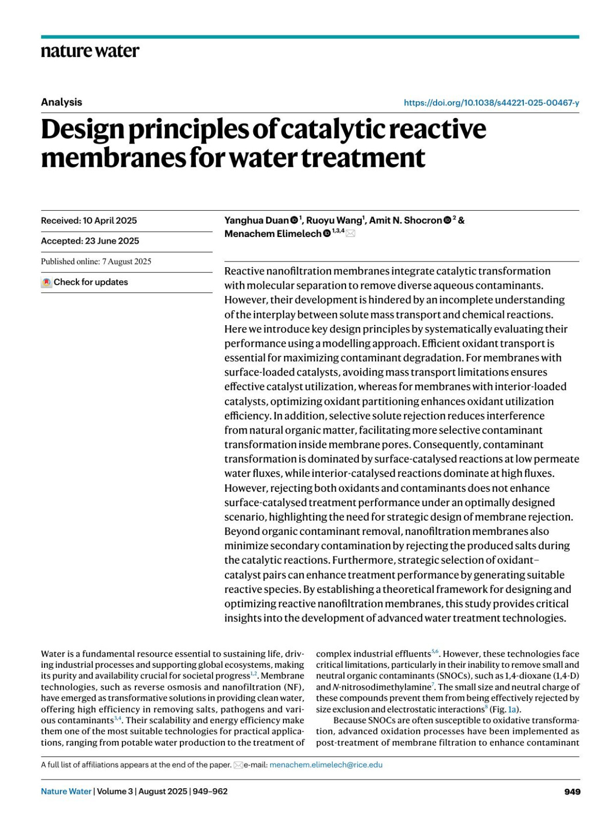 Design Principles Of Catalytic Reactive Membranes For Water Treatment Yanghua Duan Ruoyu Wang Amit N Shocron Menachem Elimelech