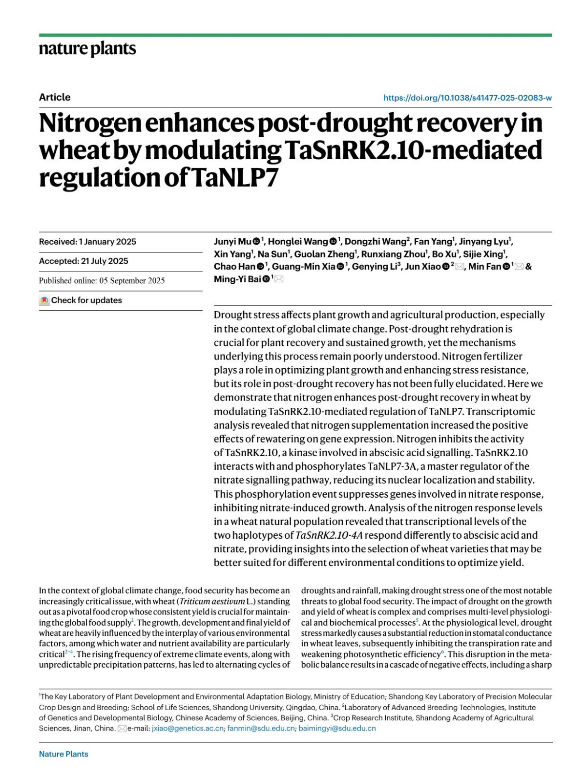 Nitrogen Enhances Postdrought Recovery In Wheat By Modulating Tasnrk210mediated Regulation Of Tanlp7 Junyi Mu Honglei Wang Dongzhi Wang Fan Yang Jinyang Lyu Xin Yang Na Sun Guolan Zheng Runxiang Zhou Bo Xu Sijie Xing Chao Han Guangmin Xia Genying Li Jun Xiao Min Fan Mingyi Bai