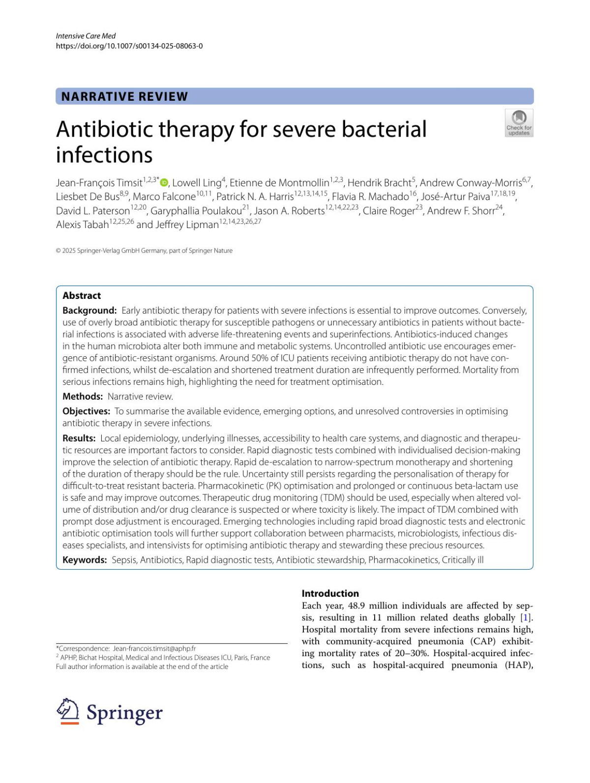 Antibiotic Therapy For Severe Bacterial Infections 2025 Springerverlag Gmbh Germanypdf Jeanfrançois Timsit Lowell Ling Etienne De Montmollin Hendrik Bracht Andrew Conwaymorris Liesbet De Bus Marco Falcone Patrick N A Harris Flavia R Machado Joséartur Paiva David L Paterson Garyphallia Poulakou Jason A