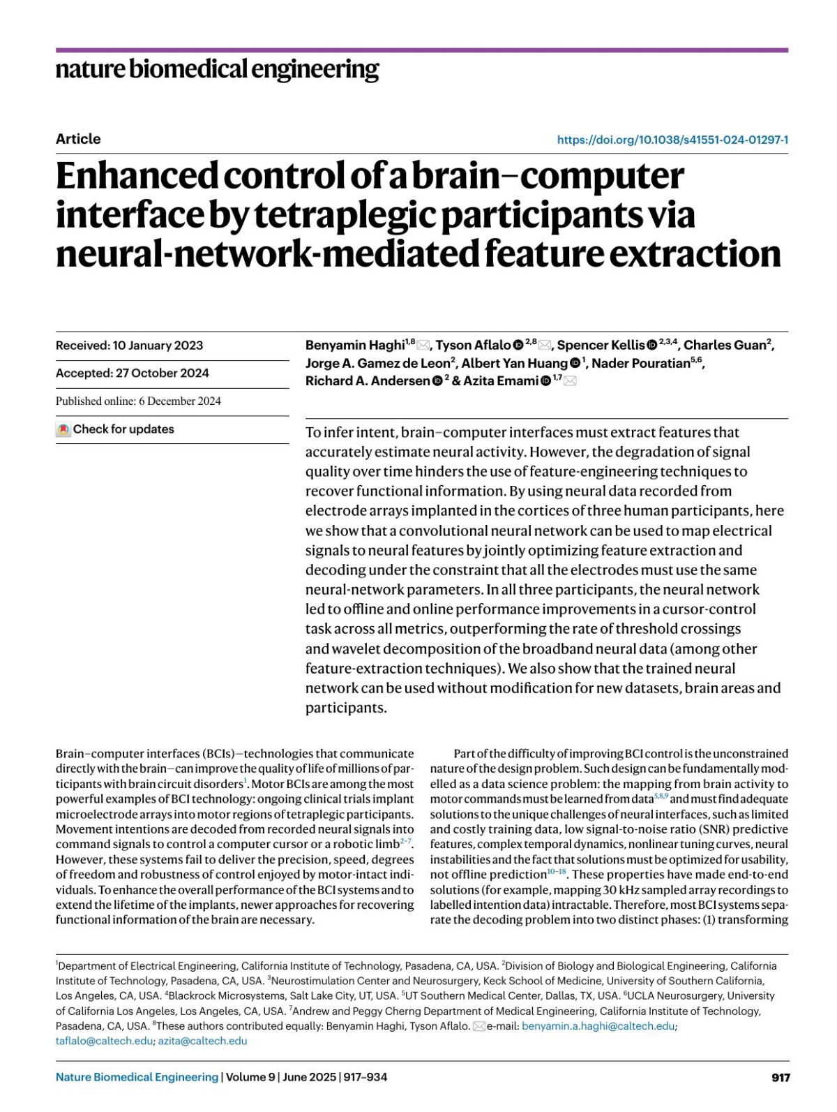 Enhanced Control Of A Braincomputer Interface By Tetraplegic Participants Via Neuralnetworkmediated Feature Extraction Benyamin Haghi