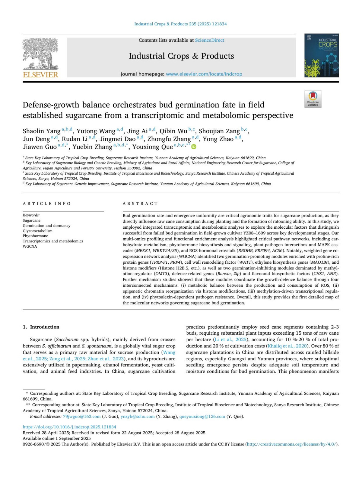 Defensegrowth Balance Orchestrates Bud Germination Fate In Field Established Sugarcane From A Transcriptomic And Metabolomic Perspective Shaolin Yang