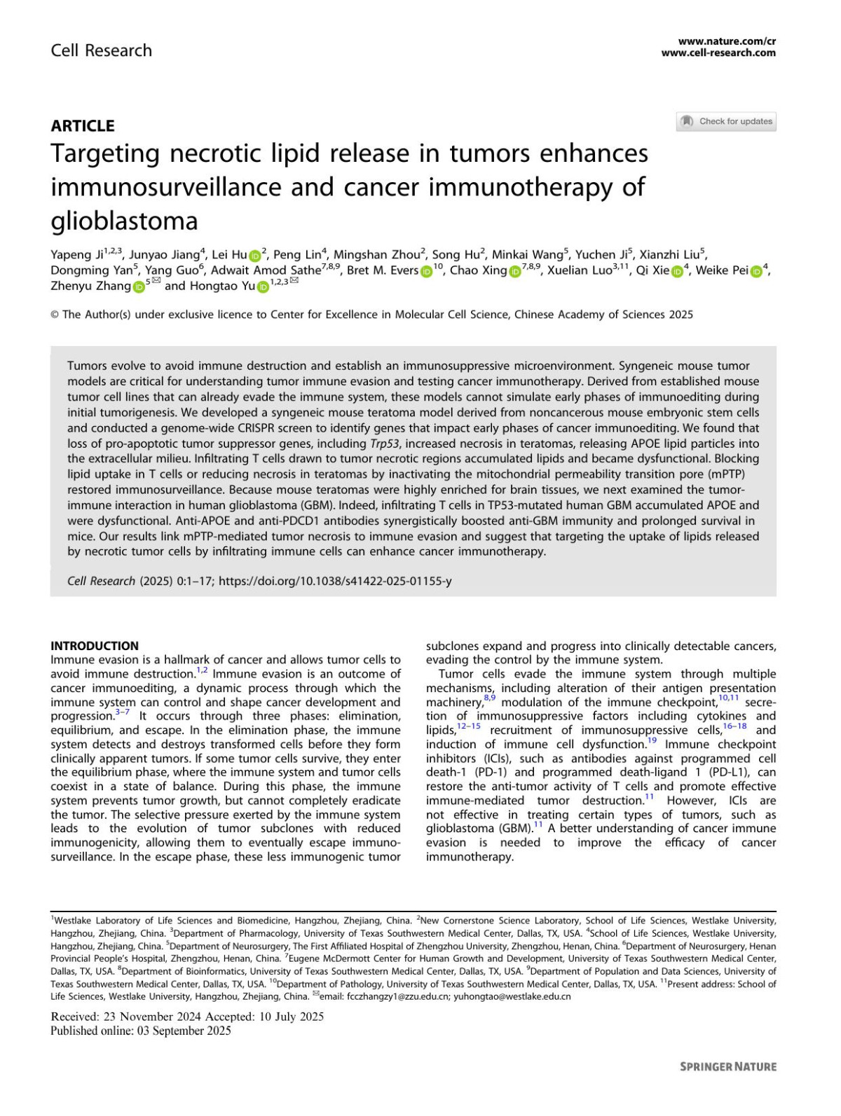 Targeting Necrotic Lipid Release In Tumors Enhances Immunosurveillance And Cancer Immunotherapy Of Glioblastoma Yapeng Ji Junyao Jiang Lei Hu Peng Lin Mingshan Zhou Song Hu Minkai Wang Yuchen Ji Xianzhi Liu Dongming Yan Yang Guo Adwait Amod Sathe Bret M Evers Chao Xing Xuelian Luo Qi Xie Weike Pei Zhenyu Zhang Hongtao Yu