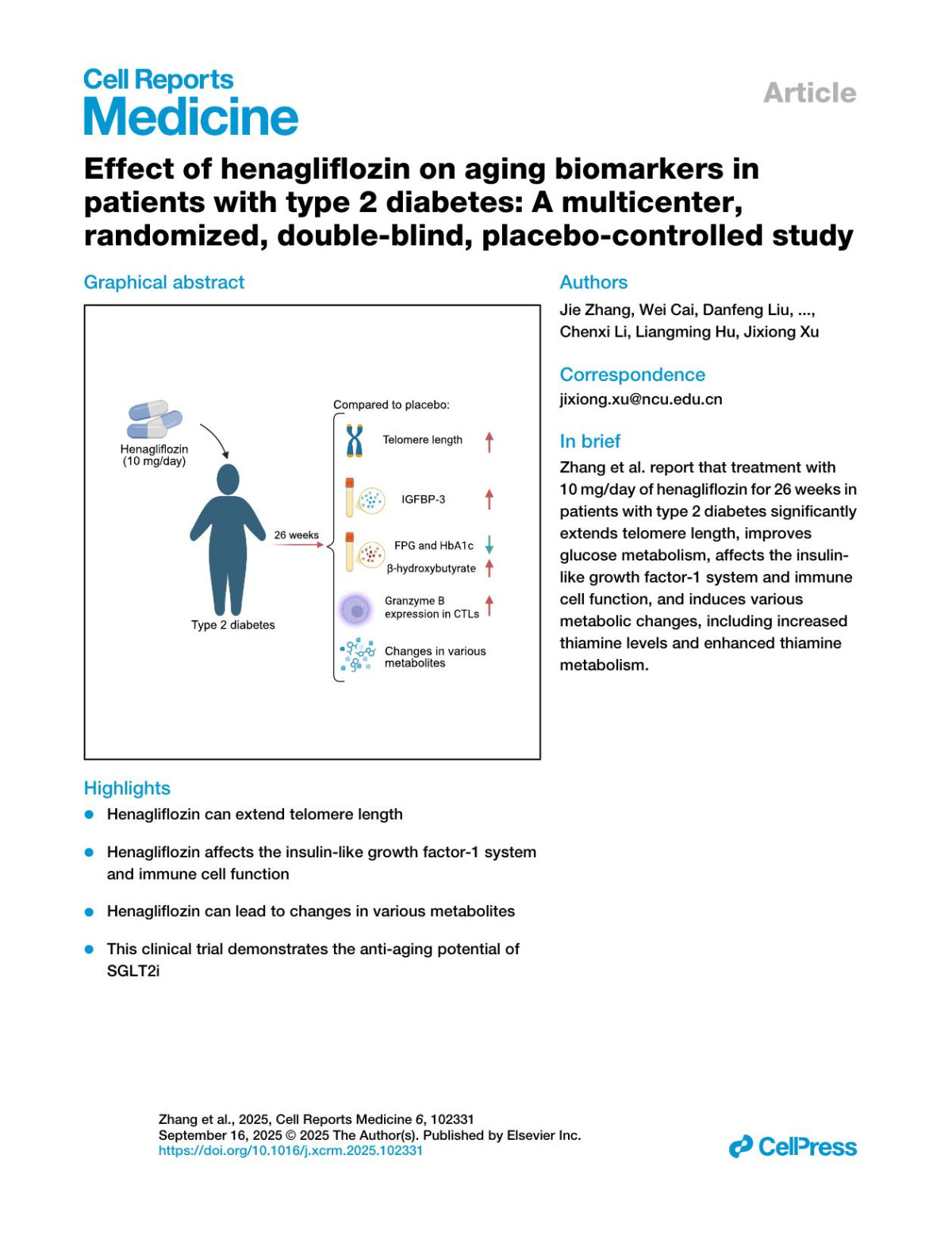 Effect Of Henagliflozin On Aging Biomarkers In Patients With Type 2 Diabetes A Multicenter Randomized Doubleblind Placebocontrolled Study Jie Zhang Wei Cai Danfeng Liu Nianfeng Zheng Youping Wang Fenglin Qiu Huoping Zheng Huaxia Gan Yuqing Huang Yan Zhou Meiling Yu Shuping Xiong Guigen Luo Jianping Guo Lingyan Zhu Yan Zhang Huanying Ke Yu Liu Guanjun
