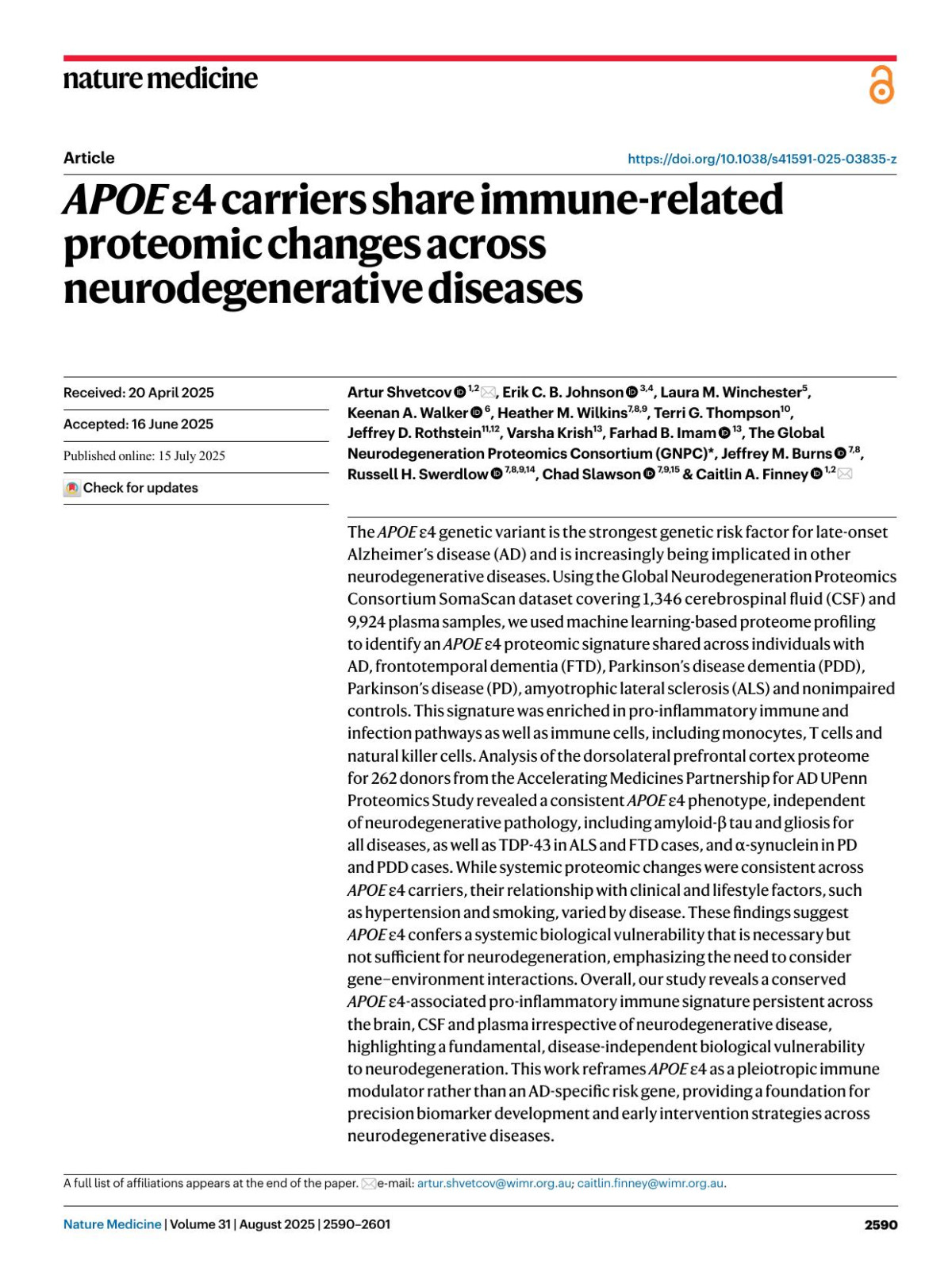 Apoe ε4 Carriers Share Immunerelated Proteomic Changes Across Neurodegenerative Diseases Artur Shvetcov Erik C B Johnson Laura M Winchester Keenan A Walker Heather M Wilkins Terri G Thompson Jeffrey D Rothstein Varsha Krish Farhad B Imam Jeffrey M Burns Russell H Swerdlow Chad Slawson Caitlin A Finney