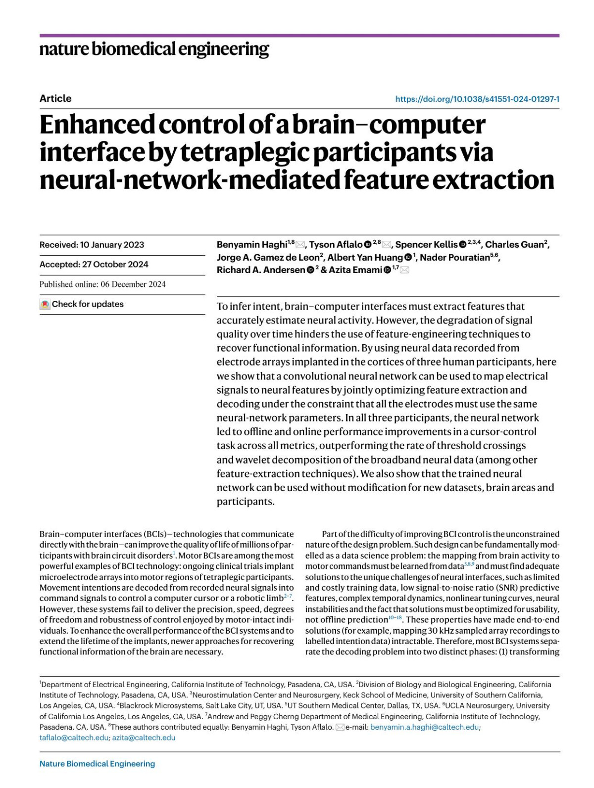Enhanced Control Of A Braincomputer Interface By Tetraplegic Participants Via Neuralnetworkmediated Feature Extraction Benyamin Haghi Tyson Aflalo Spencer Kellis Charles Guan Jorge A Gamez De Leon Albert Yan Huang Nader Pouratian Richard A Andersen Azita Emami