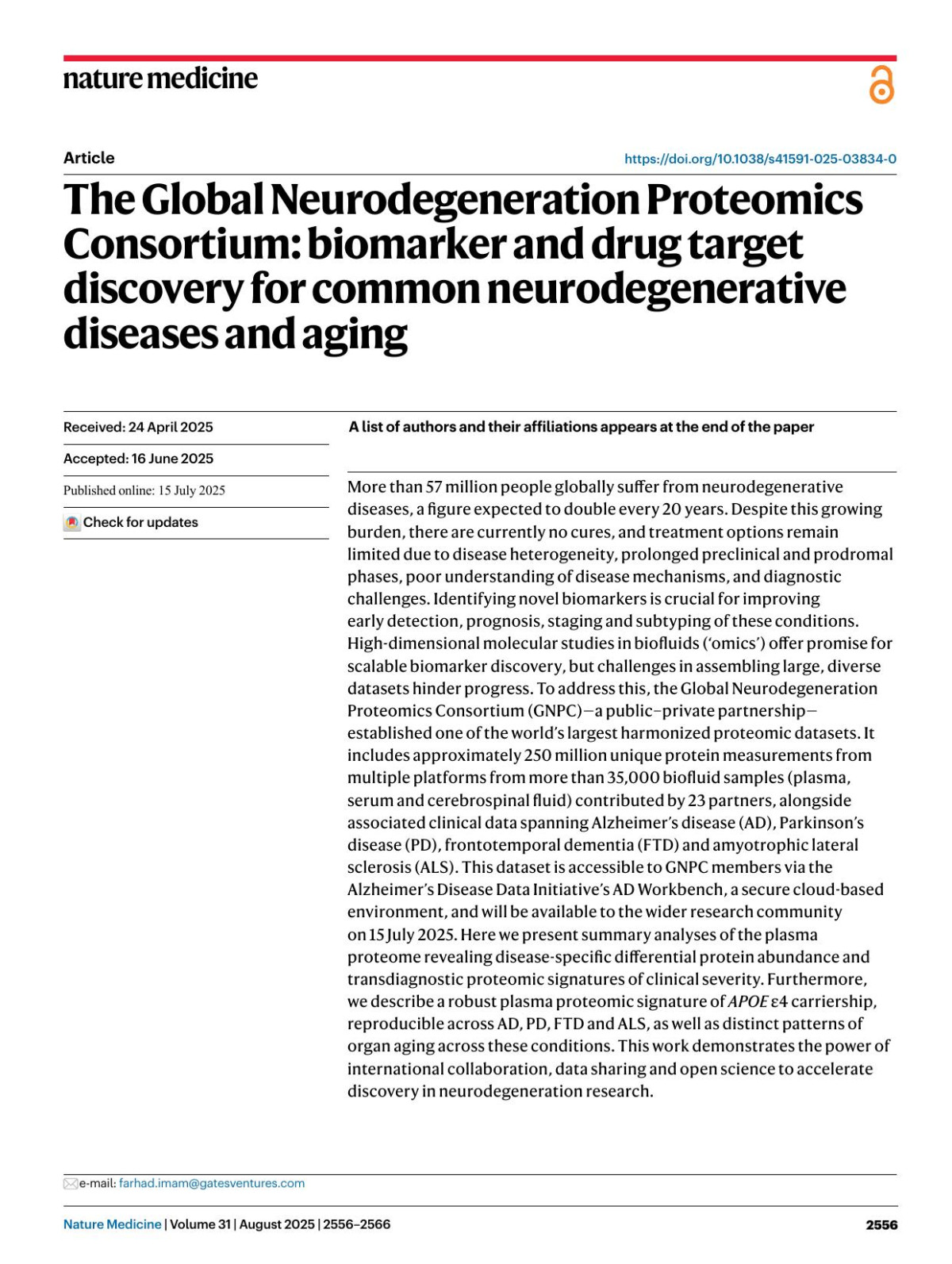 The Global Neurodegeneration Proteomics Consortium Biomarker And Drug Target Discovery For Common Neurodegenerative Diseases And Aging Farhad Imam Rowan Saloner Jacob W Vogel Varsha Krish Gamal Abdelazim Muhammad Ali Lijun An Federica Anastasi David Bennett Alexa Pichet Binette Adam L Boxer Martin Bringmann Jeffrey M Burns Carlos Cruchaga Jeff L Dage