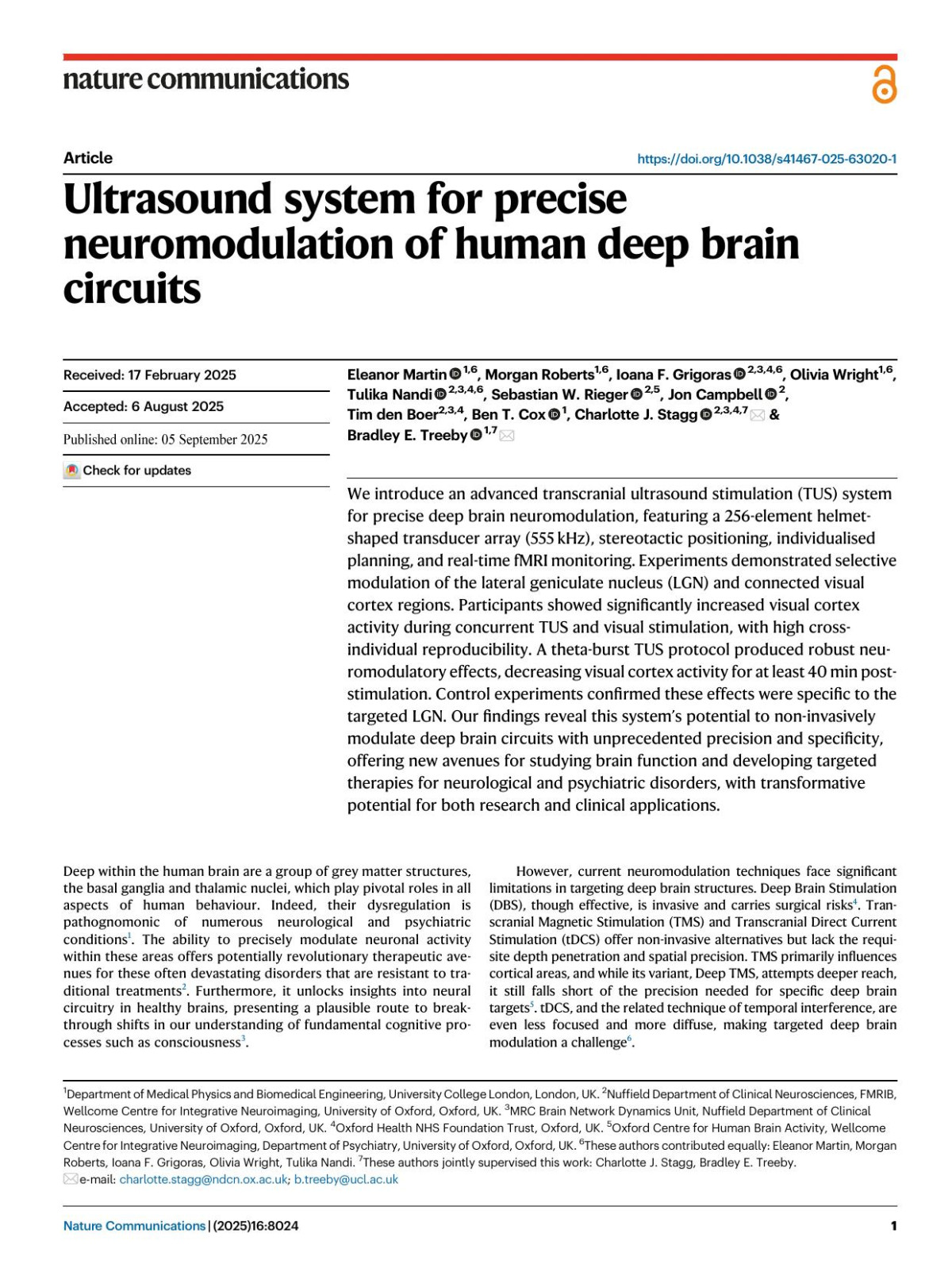 Ultrasound System For Precise Neuromodulation Of Human Deep Brain Circuits Eleanor Martin Morgan Roberts Ioana F Grigoras Olivia Wright Tulika Nandi Sebastian W Rieger Jon Campbell Tim Boer Ben T Cox Charlotte J Stagg Bradley E Treeby