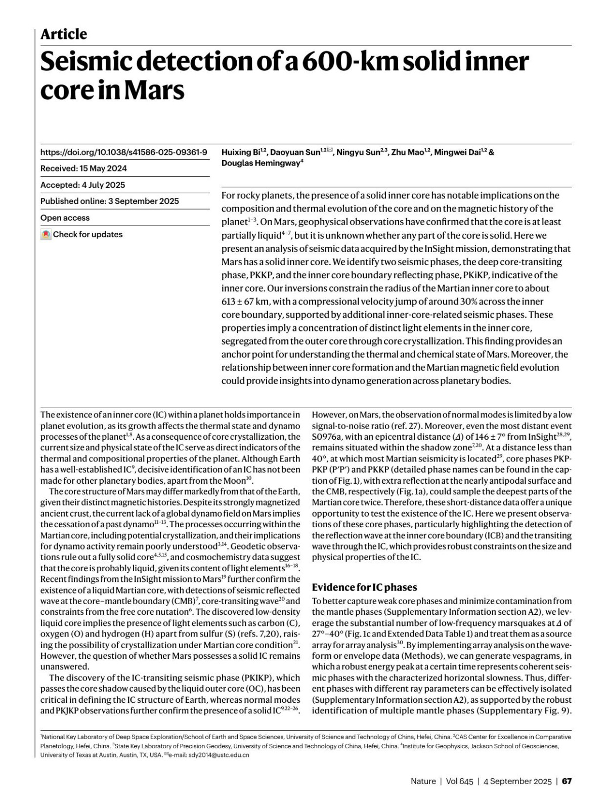 Seismic Detection Of A 600km Solid Inner Core In Mars Huixing Bi Daoyuan Sun Ningyu Sun Zhu Mao Mingwei Dai Douglas Hemingway