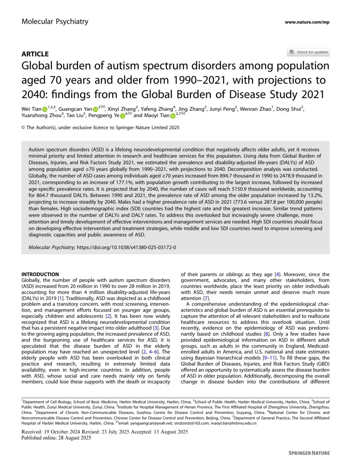 Global Burden Of Autism Spectrum Disorders Among Population Aged 70 Years And Older From 19902021 With Projections To 2040 Findings From The Global Burden Of Disease Study 2021 Wei Tian Guangcan Yan Xinyi Zhang Yafeng Zhang Jing Zhang Junyi Peng Wenran Zhao Dong Shui Yuanzhong Zhou Tao Liu Pengpeng Ye Maoyi Tian