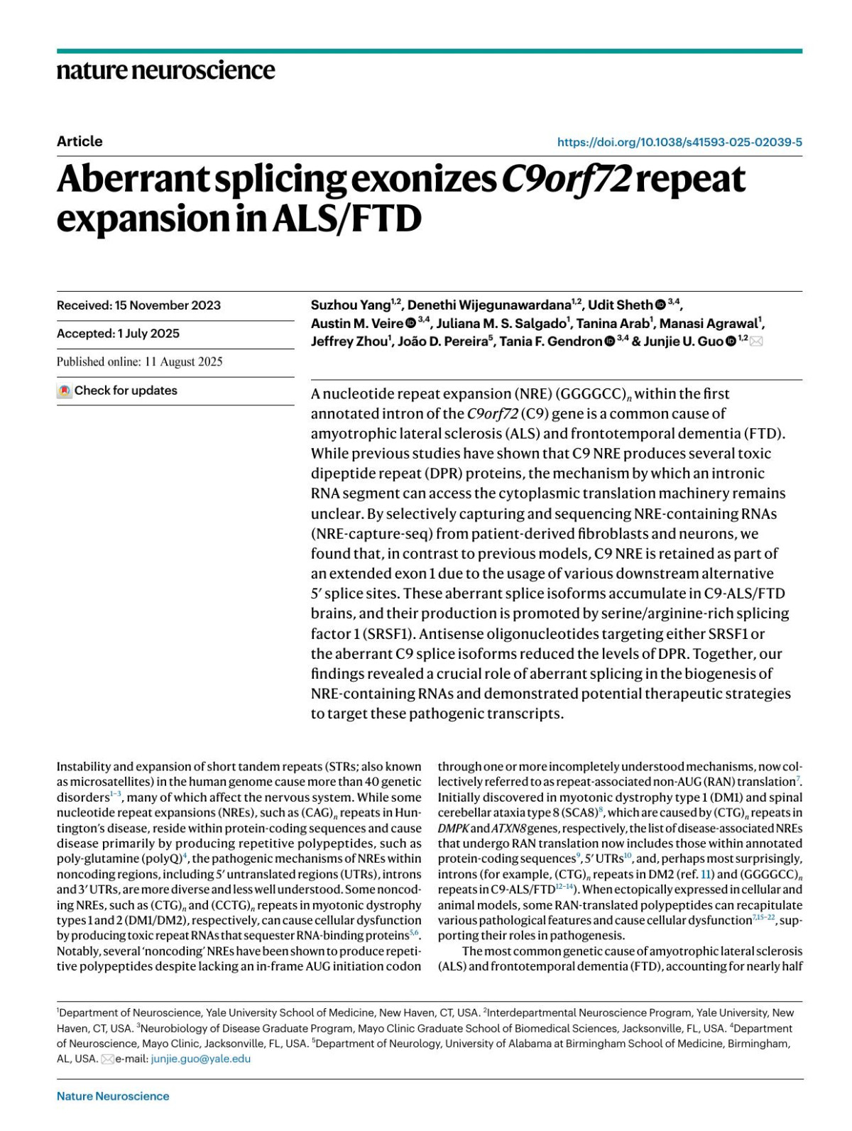 Aberrant Splicing Exonizes C9orf72 Repeat Expansion In Alsftd Suzhou Yang Denethi Wijegunawardana Udit Sheth Austin M Veire Juliana M S Salgado Tanina Arab Manasi Agrawal Jeffrey Zhou Joampx000e3o D Pereira Tania F Gendron Junjie U Guo