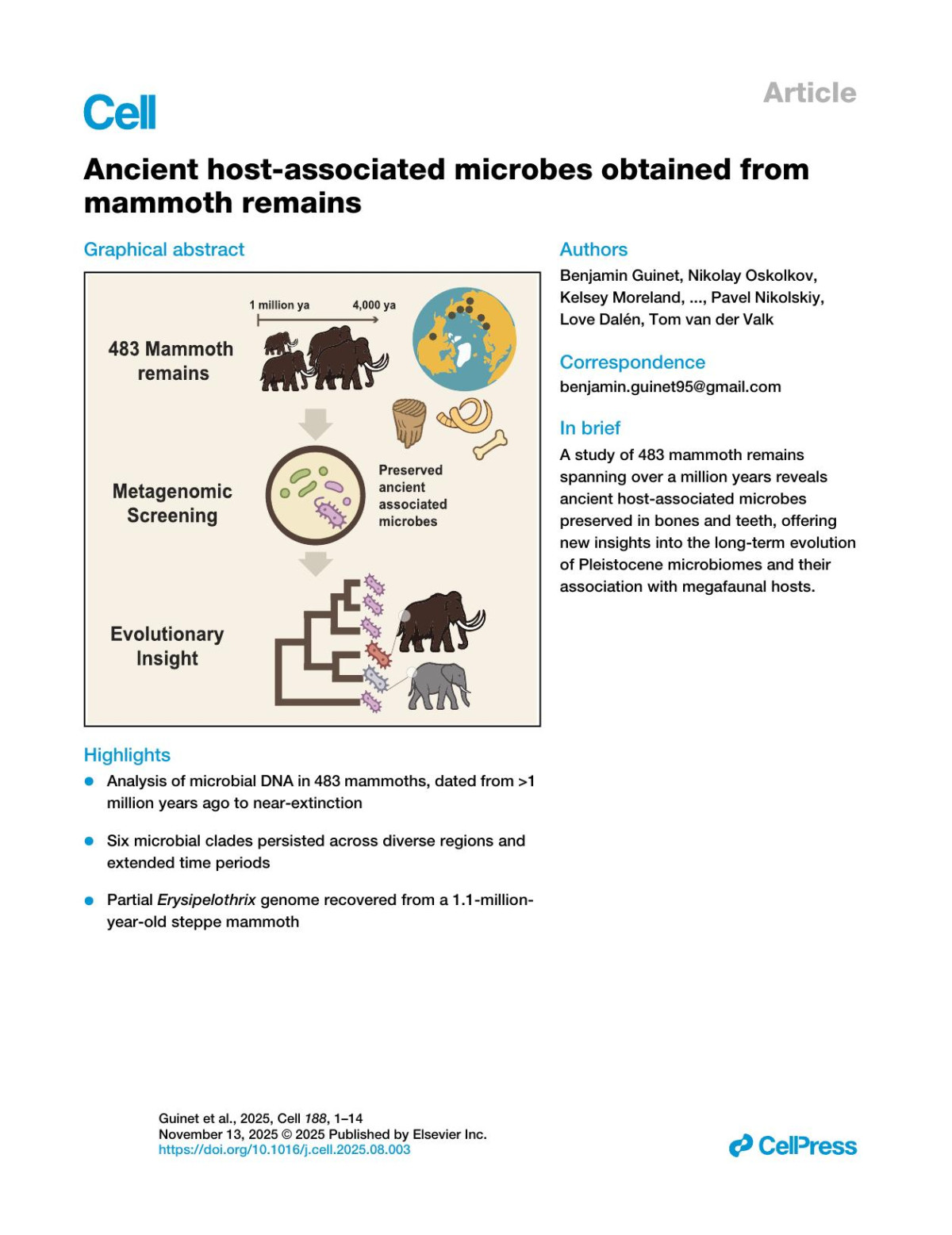 Ancient Hostassociated Microbes Obtained From Mammoth Remains Benjamin Guinet Nikolay Oskolkov Kelsey Moreland Marianne Dehasque J Camilo Chacónduque Anders Angerbjörn Juan Luis Arsuaga Gleb Danilov Foteini Kanellidou Andrew C Kitchener Héloïse Muller Valerii Plotnikov Albert Protopopov