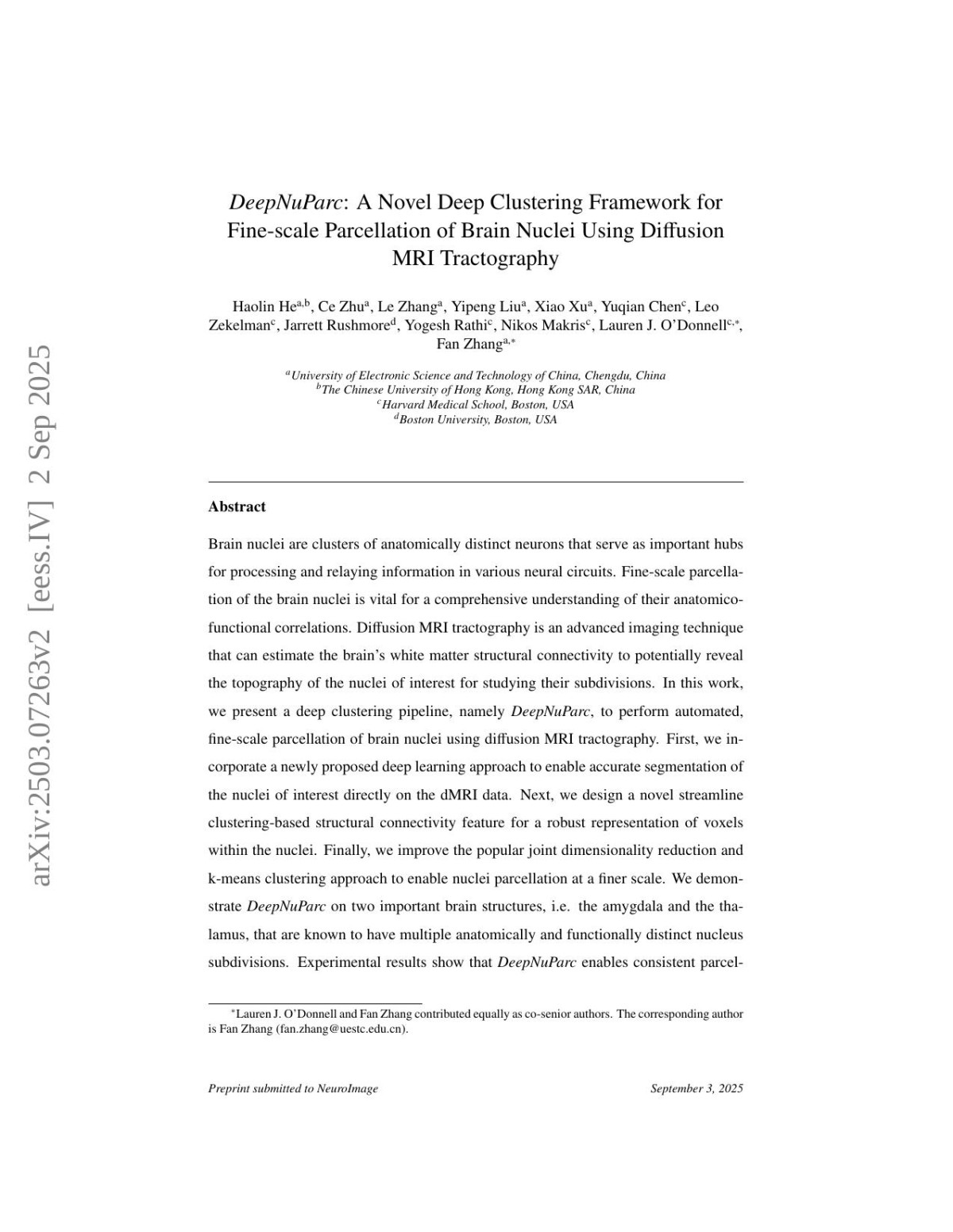 Deepnuparc A Novel Deep Clustering Framework For Finescale Parcellation Of Brain Nuclei Using Diffusion Mri Tractography Haolin He Ce Zhu Le Zhang Yipeng Liu Xiao Xu Yuqian Chen Leo Zekelman Jarrett Rushmore Yogesh Rathi Nikos Makris Lauren J Odonnell Fan Zhang