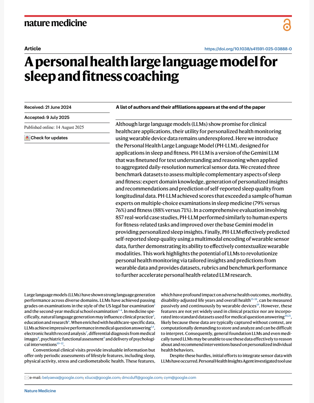 A Personal Health Large Language Model For Sleep And Fitness Coaching Anastasiya Belyaeva