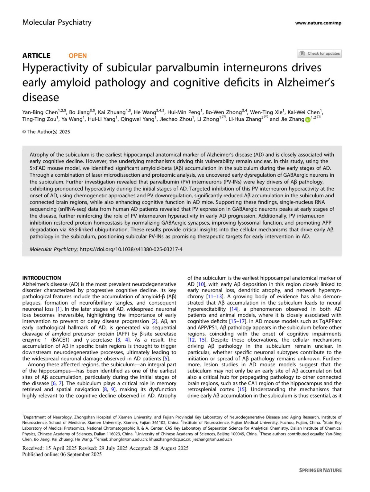 Hyperactivity Of Subicular Parvalbumin Interneurons Drives Early Amyloid Pathology And Cognitive Deficits In Alzheimerâtms Disease Yanbing Chen Bo Jiang Kai Zhuang He Wang Huimin Peng Bowen Zhong Wenting Xie Kaiwei Chen Tingting Zou Ya Wang Huili Yang Qingwei Yang Jiechao Zhou Li Zhong Lihua Zhang Jie Zhang