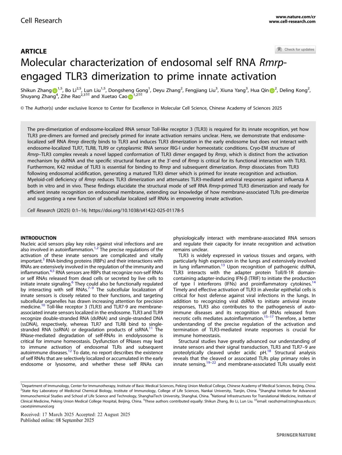 Molecular Characterization Of Endosomal Self Rna Rmrpengaged Tlr3 Dimerization To Prime Innate Activation Shikun Zhang Bo Li Lun Liu Dongsheng Gong Deyu Zhang Fengjiang Liu Xiuna Yang Hua Qin Deling Kong Shuyang Zhang Zihe Rao Xuetao Cao