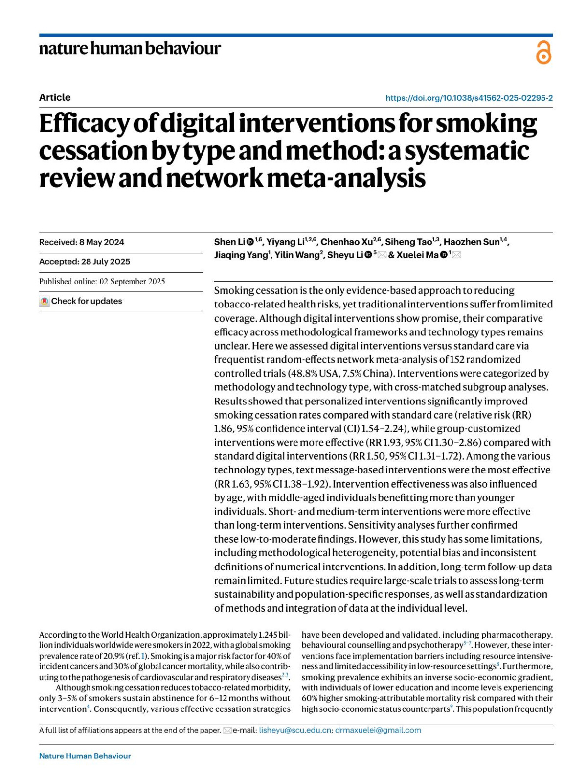 Efficacy Of Digital Interventions For Smoking Cessation By Type And Method A Systematic Review And Network Metaanalysis Shen Li Yiyang Li Chenhao Xu Siheng Tao Haozhen Sun Jiaqing Yang Yilin Wang Sheyu Li Xuelei Ma