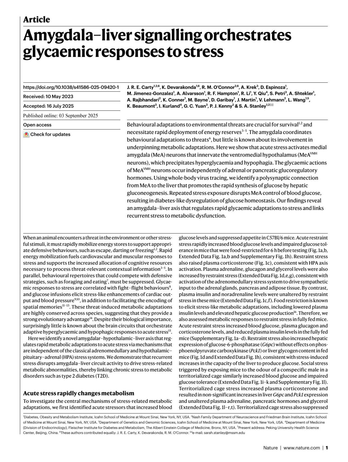 Amygdalaliver Signalling Orchestrates Glycaemic Responses To Stress J R E Carty K Devarakonda R M Oampx02019connor A Krek D Espinoza M Jimenezgonzalez A Alvarsson R F Hampton R Li Y Qiu S Petri A Shtekler A Rajbhandari K Conner M Bayne D Garibay J Martin V