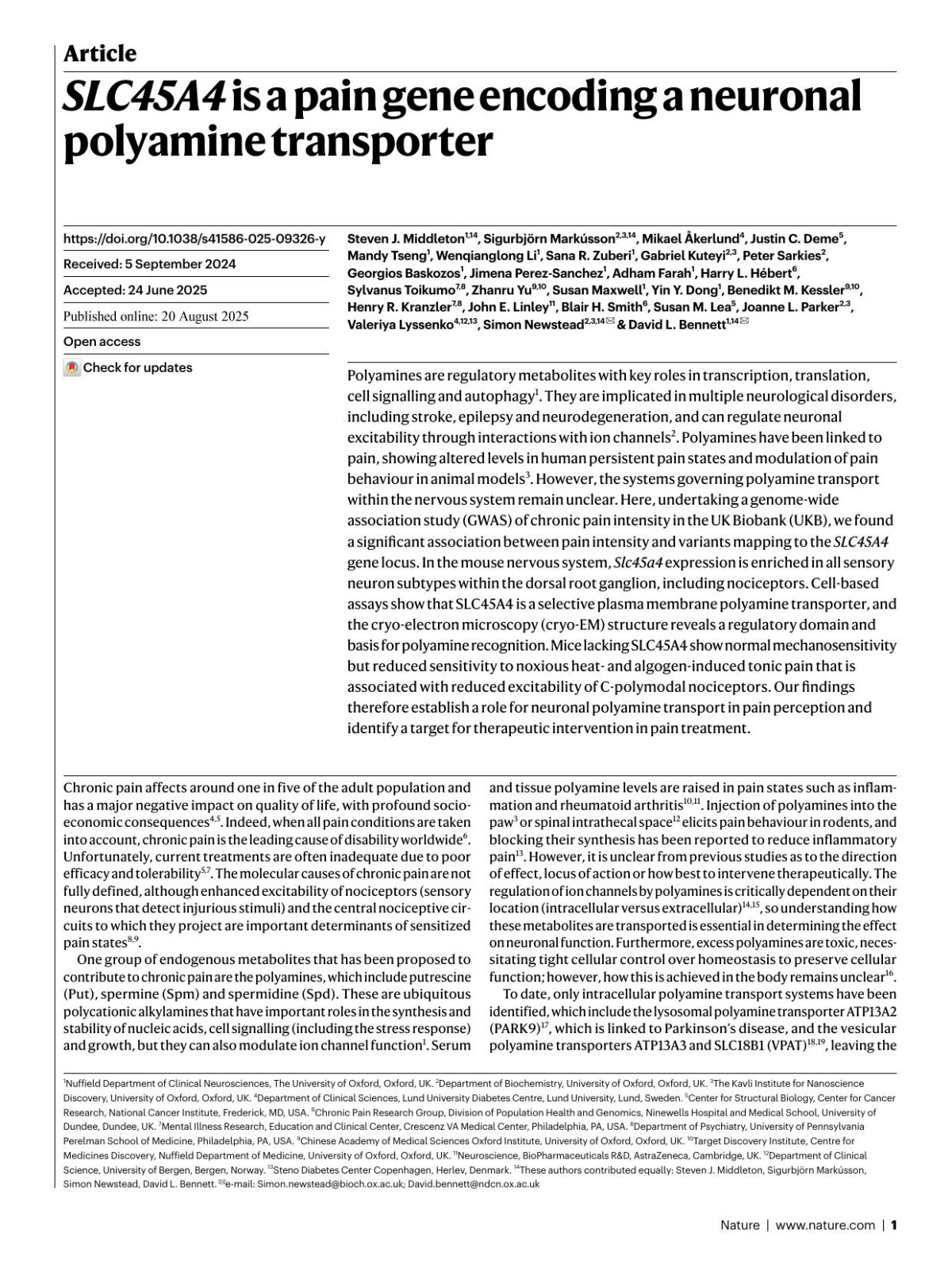 Slc45a4 Is A Pain Gene Encoding A Neuronal Polyamine Transporter Steven J Middleton Sigurbjampx000f6rn Markampx000fasson Mikael Ampx000c5kerlund Justin C Deme Mandy Tseng Wenqianglong Li Sana R Zuberi Gabriel Kuteyi Peter Sarkies Georgios Baskozos Jimena Perezsanchez Adham Farah