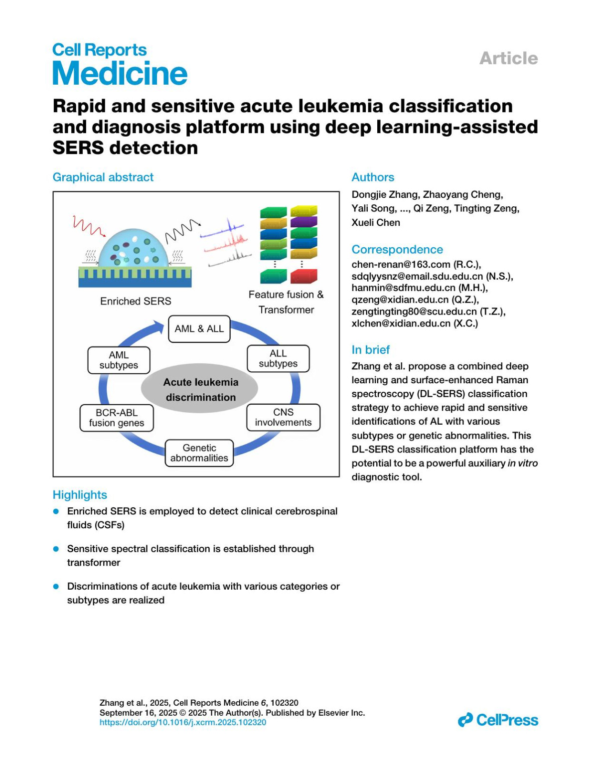 Rapid And Sensitive Acute Leukemia Classification And Diagnosis Platform Using Deep Learningassisted Sers Detection Dongjie Zhang Zhaoyang Cheng Yali Song Huandi Li Lin Shi Nan Wang Yingwen Peng Renan Chen Nianzheng Sun Min Han Fengjiao Hu Chuntao Zong Rui Zhang Si Chen Conghui Zhu Xiaoli Zhang Xiaobo Li Xiaopeng Ma Changbei Shi