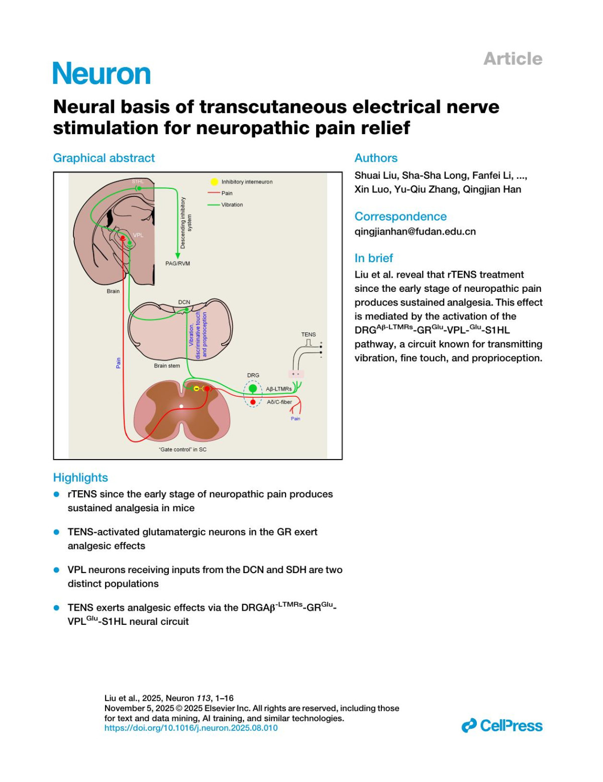 Neural Basis Of Transcutaneous Electrical Nerve Stimulation For Neuropathic Pain Relief Shuai Liu Shasha Long Fanfei Li Huan Yang Shaofeng Pu Dongping Du Xin Luo Yuqiu Zhang Qingjian Han