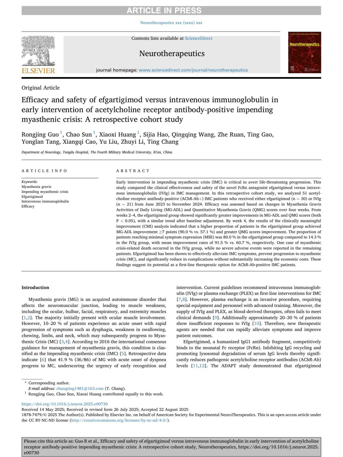 Efficacy And Safety Of Efgartigimod Versus Intravenous Immunoglobulin In Early Intervention Of Acetylcholine Receptor Antibodypositive Impending Myasthenic Crisis A Retrospective Cohort Study Rongjing Guo Chao Sun Xiaoxi Huang Sijia Hao Qingqing Wang Zhe Ruan Ting Gao Yonglan Tang Xiangqi Cao Yu Liu Zhuyi Li Ting Chang