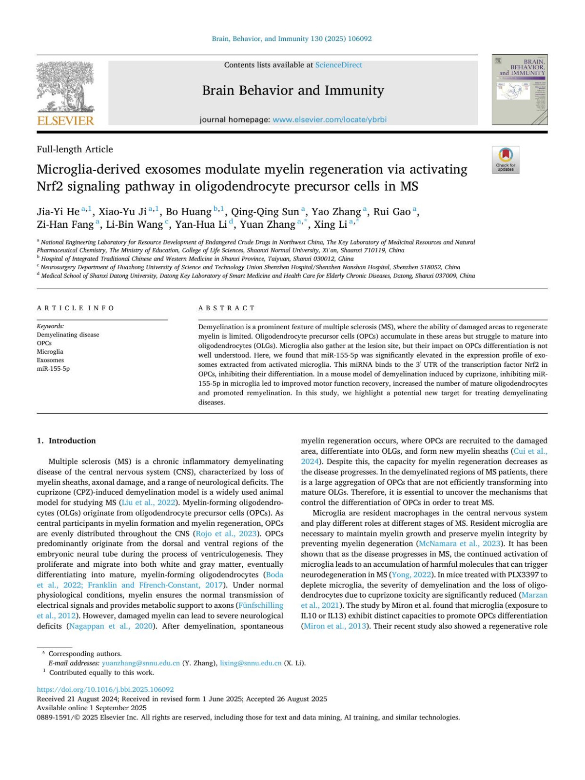 Microgliaderived Exosomes Modulate Myelin Regeneration Via Activating Nrf2 Signaling Pathway In Oligodendrocyte Precursor Cells In Ms Jiayi He