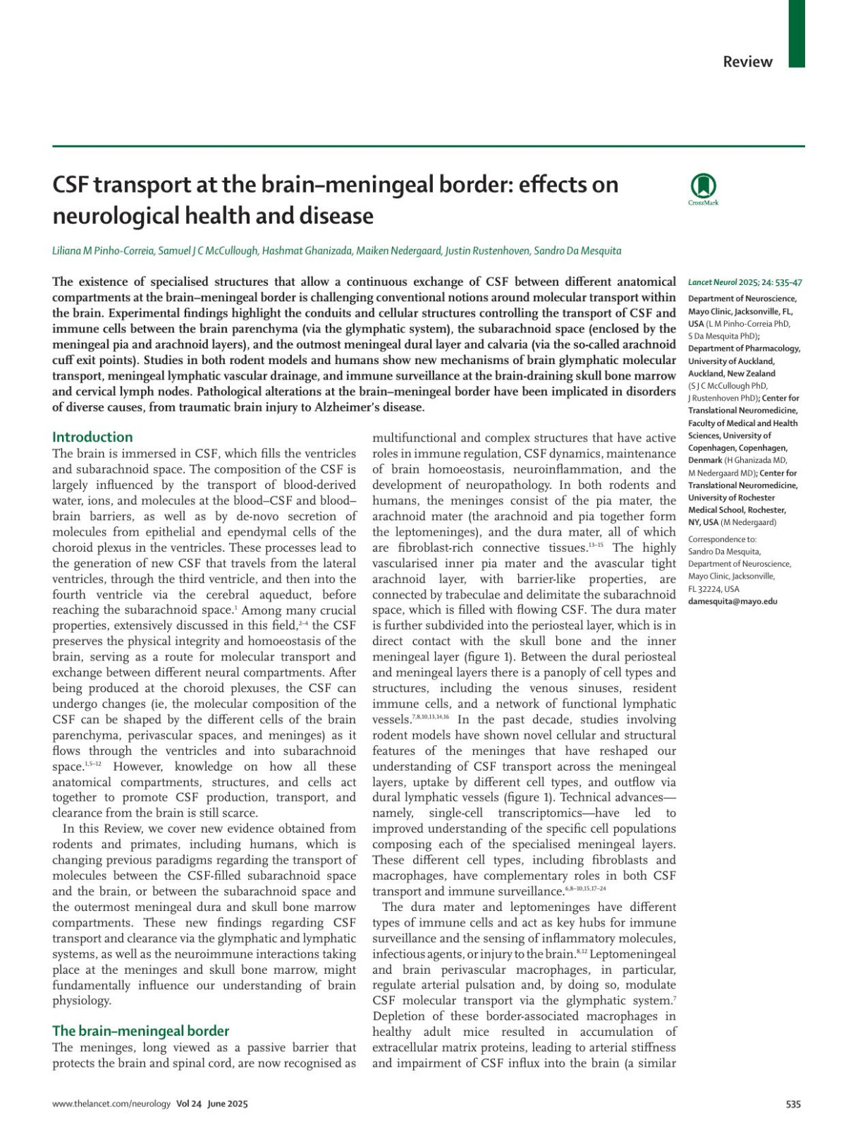 Csf Transport At The Brainãââœmeningeal Border Effects On Neurological Health And Disease Liliana M Pinhocorreia Phd Samuel J C Mccullough Phd Hashmat Ghanizada Md Maiken Nedergaard Md Justin Rustenhoven Phd Sandro Da Mesquita Phd