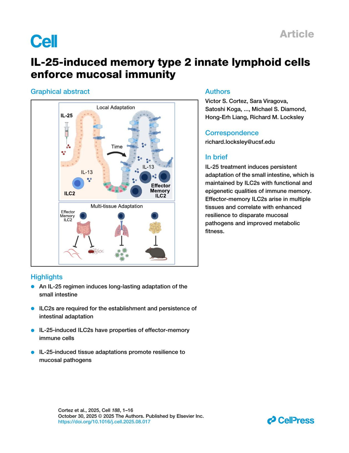 Il25induced Memory Type 2 Innate Lymphoid Cells Enforce Mucosal Immunity Victor S Cortez Sara Viragova Satoshi Koga Meizi Liu Claire E Oleary Roberto R Ricardogonzalez Andrew W Schroeder Nathan Kochhar Dedeepya Vaka Dario Boffelli Ophir D Klein Michael S Diamond Hongerh Liang Richard M