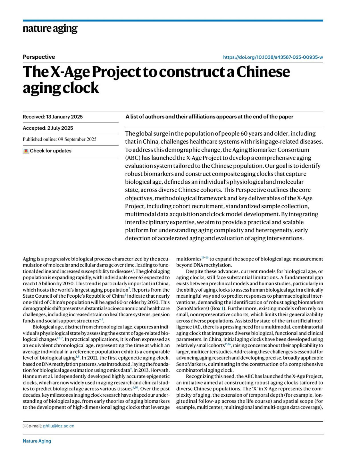 The Xage Project To Construct A Chinese Aging Clock Jiaming Li Mengmeng Jiang Qiaoran Wang Zikai Zheng Jianghua Shen Jingyi Li Muzhao Xiong Yandong Zheng Xiaoyong Lu Yusheng Cai Yanling Fan Lingling Geng Qianzhao Ji Qianqian Peng Shuhui Sun Yuanyuan Wang Zijuan Xin