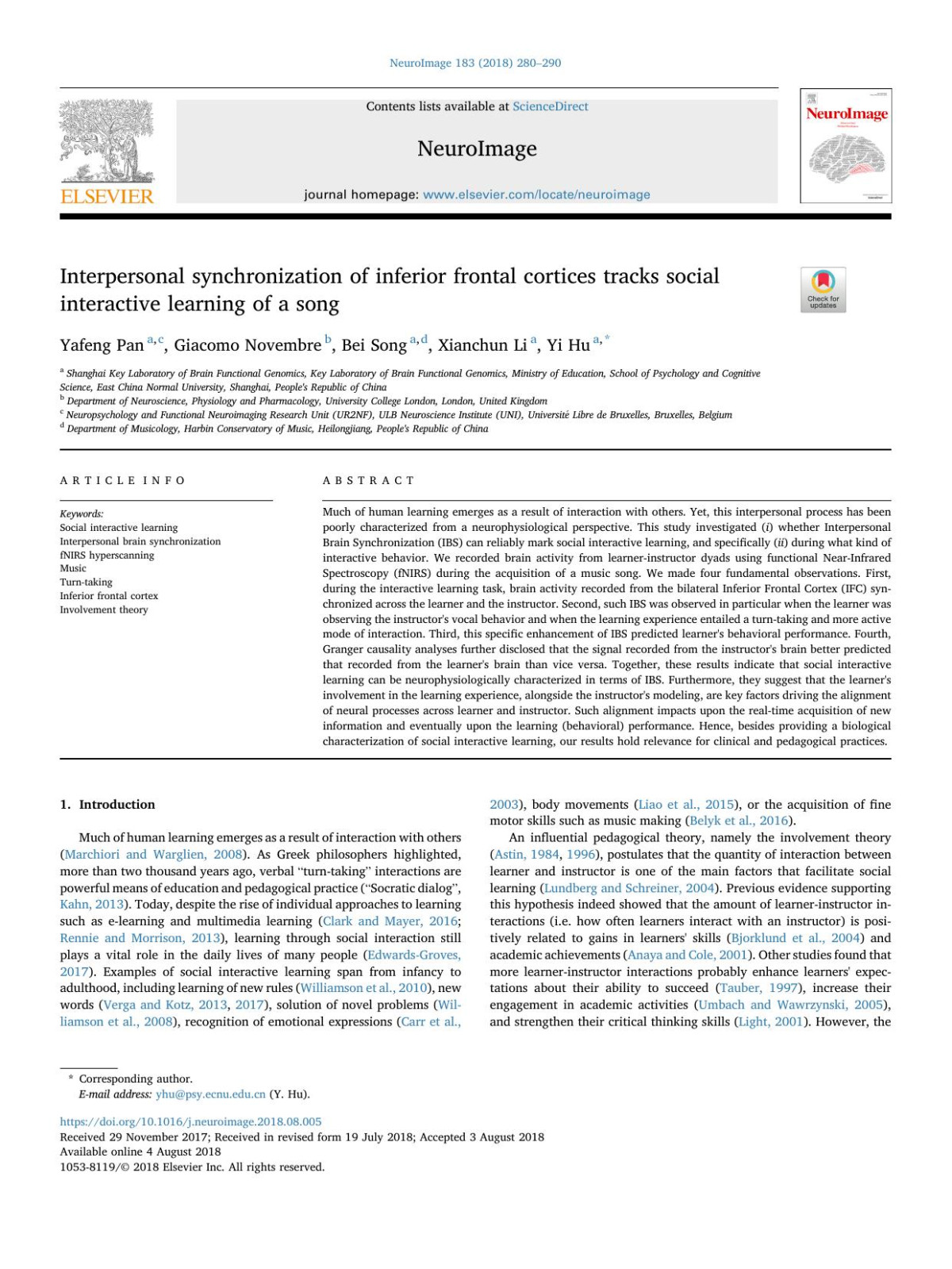 Interpersonal Synchronization Of Inferior Frontal Cortices Tracks Social Interactive Learning Of A Song Yafeng Pan Giacomo Novembre Bei Song Xianchun Li Yi Hu
